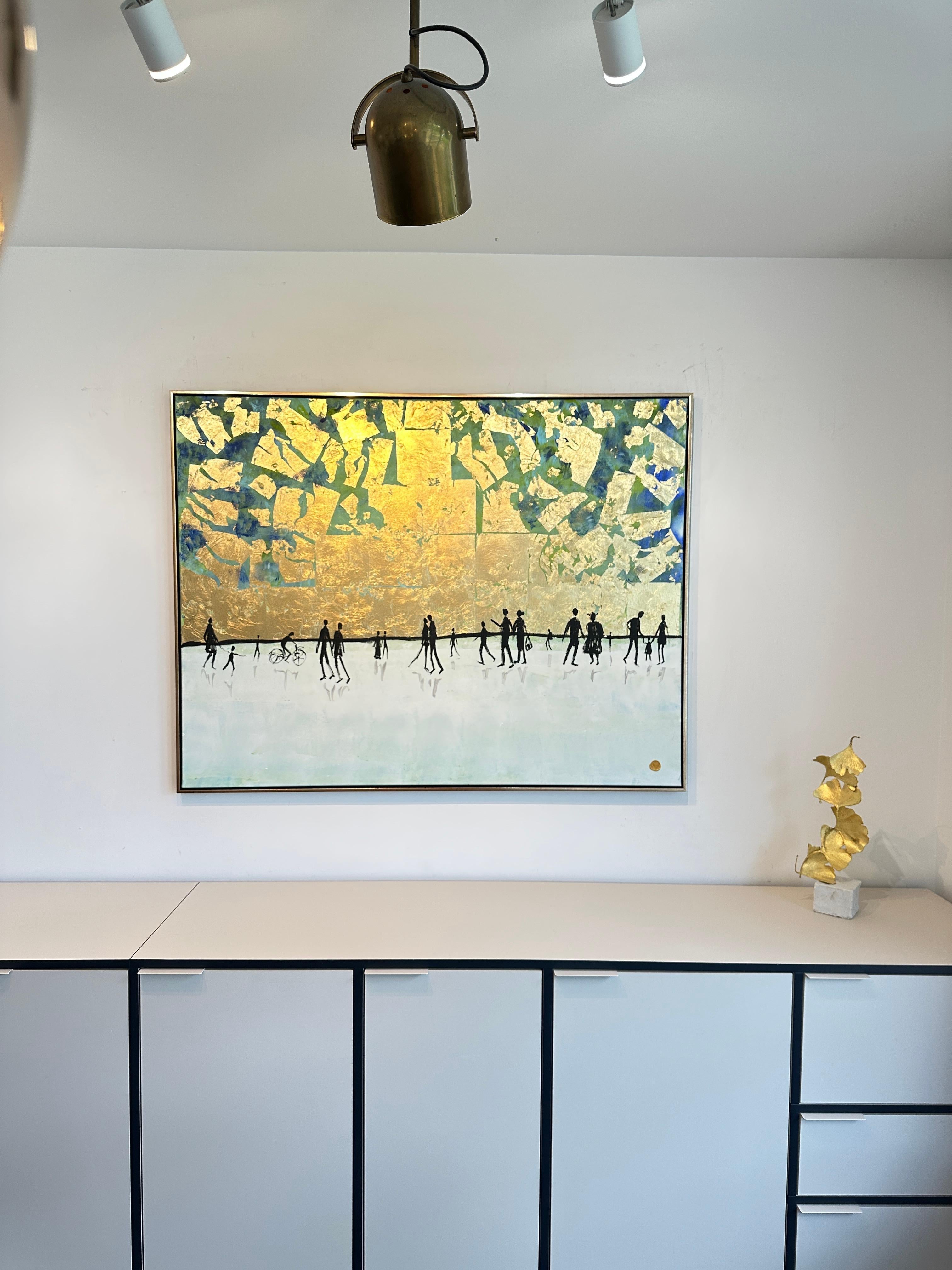 En excellente compagnie - Feuille d'or Tableau familial abstrait contemporain en vente 1