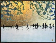 En excelente compañía - Cuadro familiar abstracto contemporáneo en pan de oro