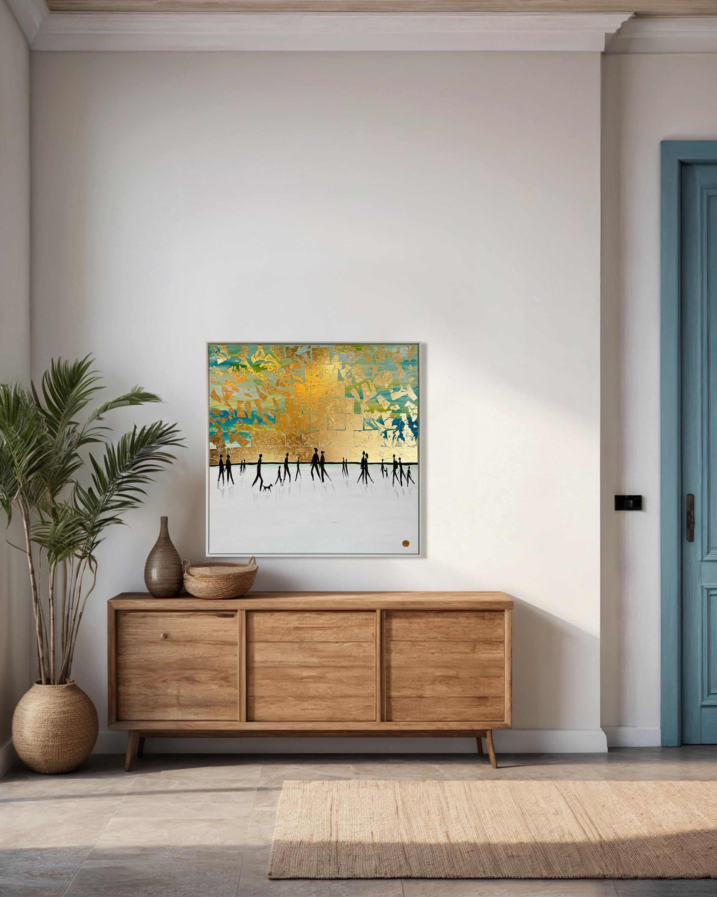 Al calor del otro  - Hoja de oro Cuadro familiar abstracto contemporáneo en venta 7