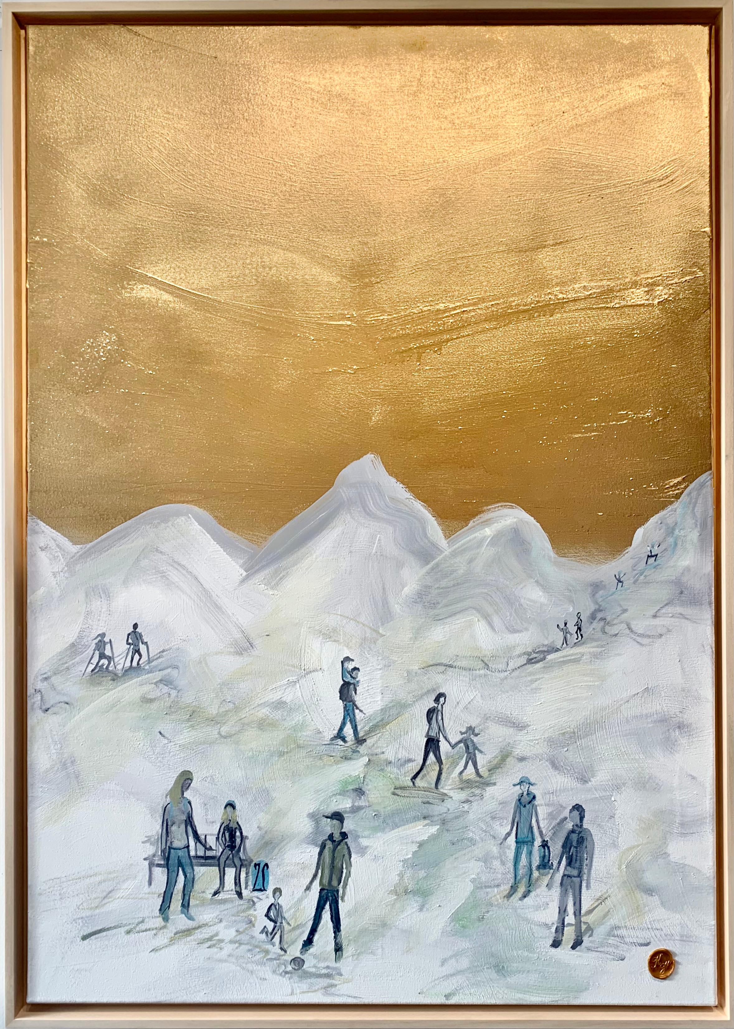 Katharina Hormel Abstract Painting – Let's go hiking von K. Hormel - Gold Zeitgenössisches abstraktes Ölgemälde