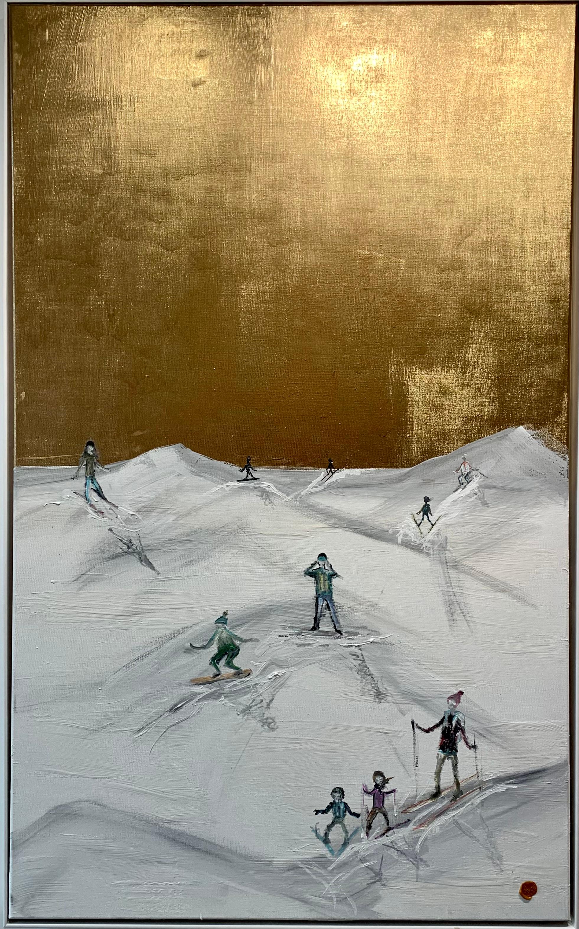 Katharina Hormel Abstract Painting - Let’s go Skiing by K. Hormel - Gold Contemporary abstract Oil painting