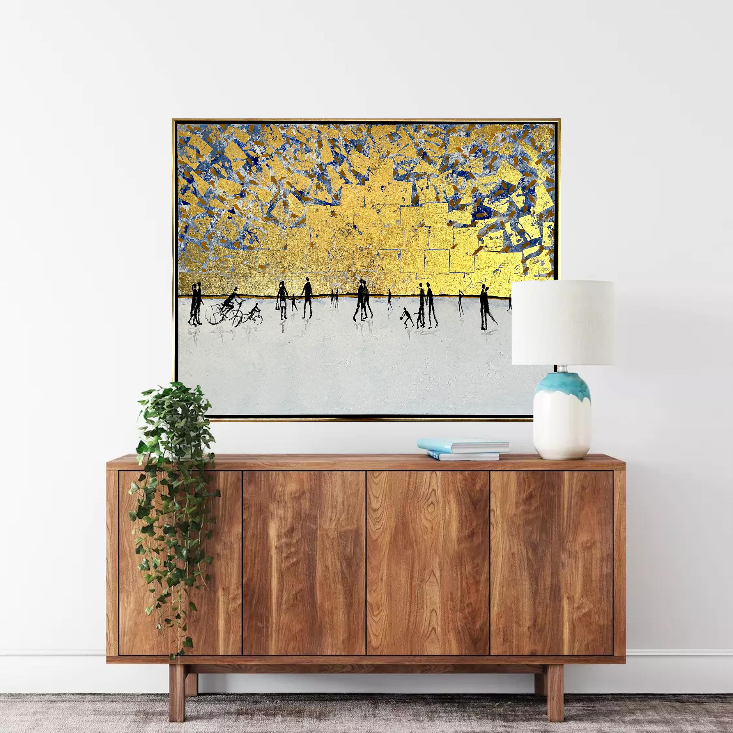 Luz y Amor - Cuadro familiar abstracto contemporáneo en pan de oro en venta 9