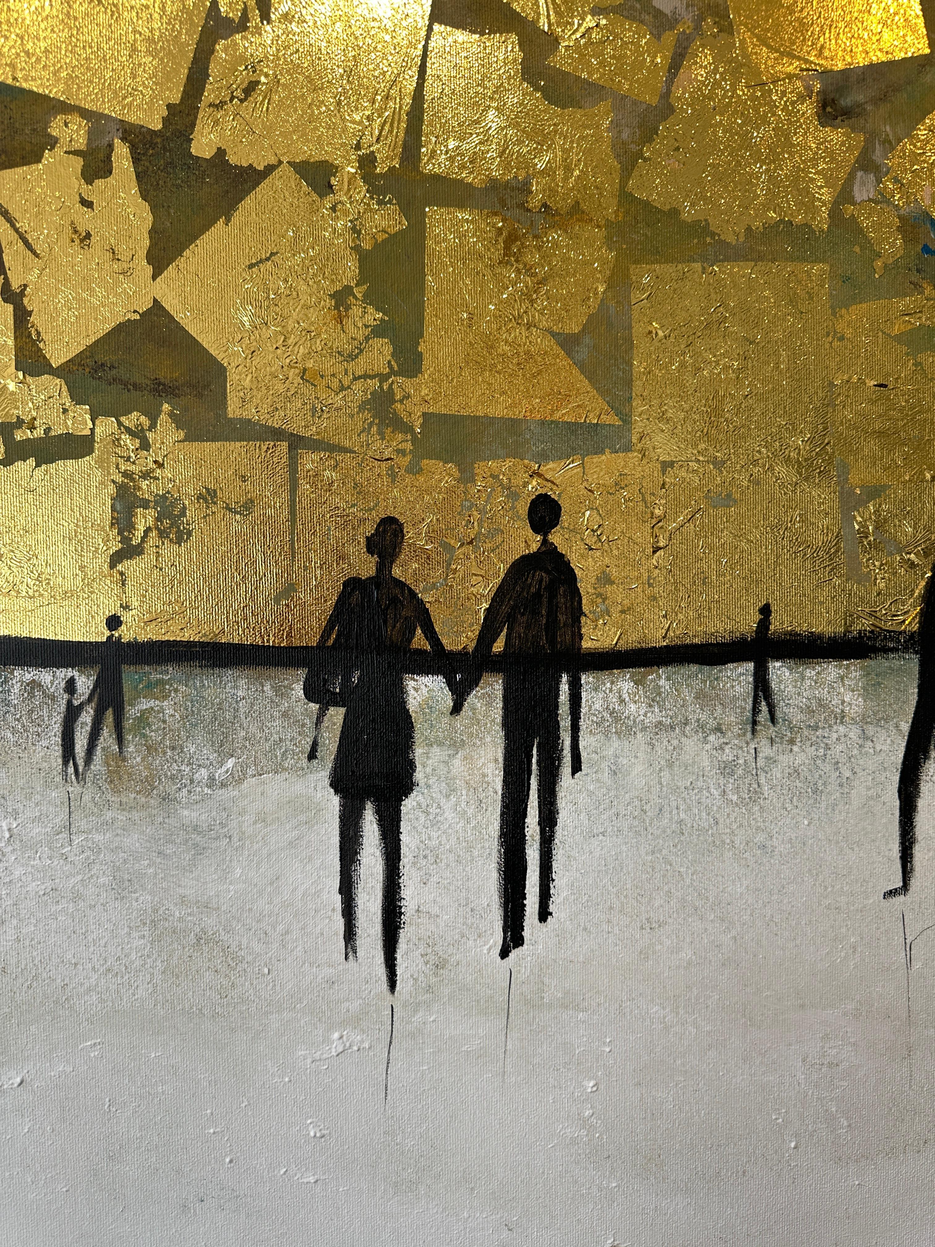 Living our Love Story - Gold Leaf Contemporary abstract family painting For Sale 1