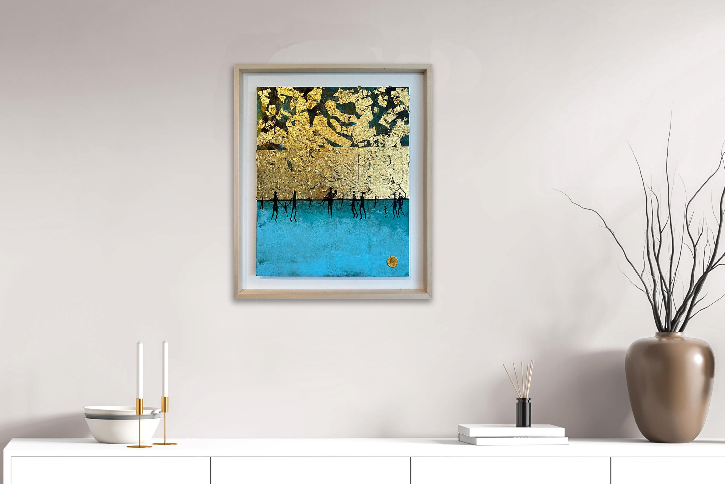 Moments by the Water - Gold Leaf Contemporary abstract family painting For Sale 1