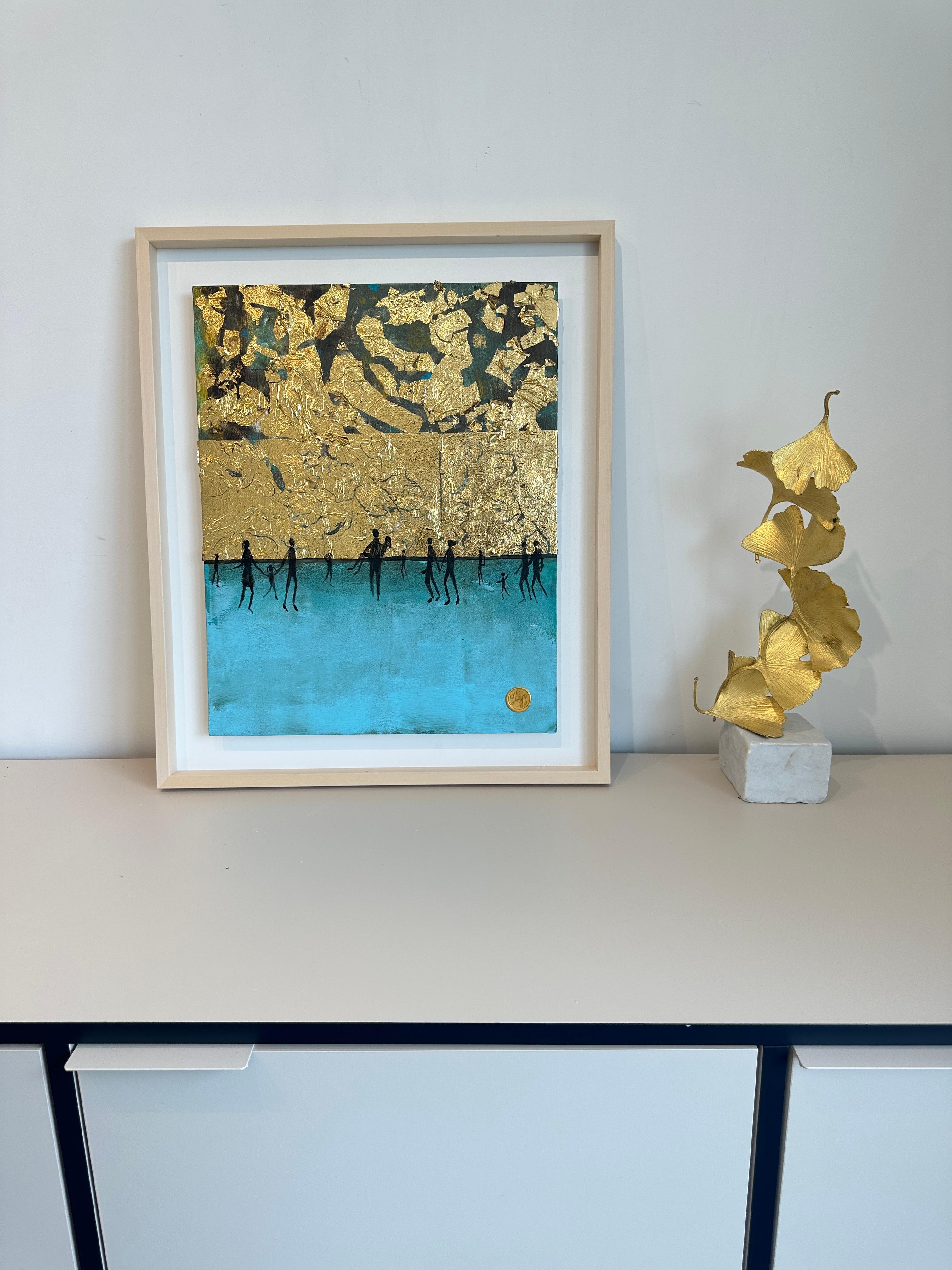 Moments by the Water - Gold Leaf Contemporary abstract family painting For Sale 3