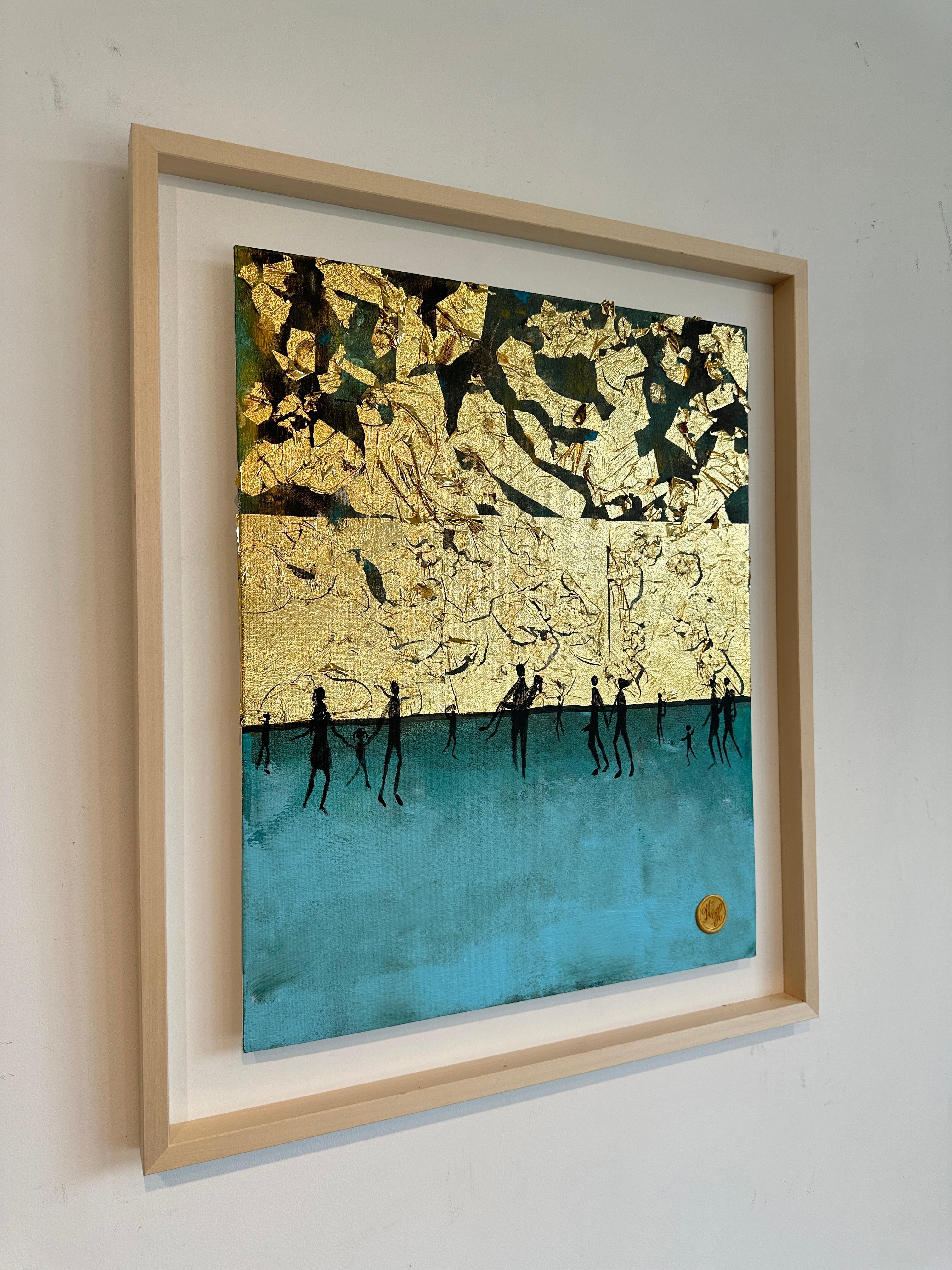 Moments by the Water - Gold Leaf Contemporary abstract family painting For Sale 5