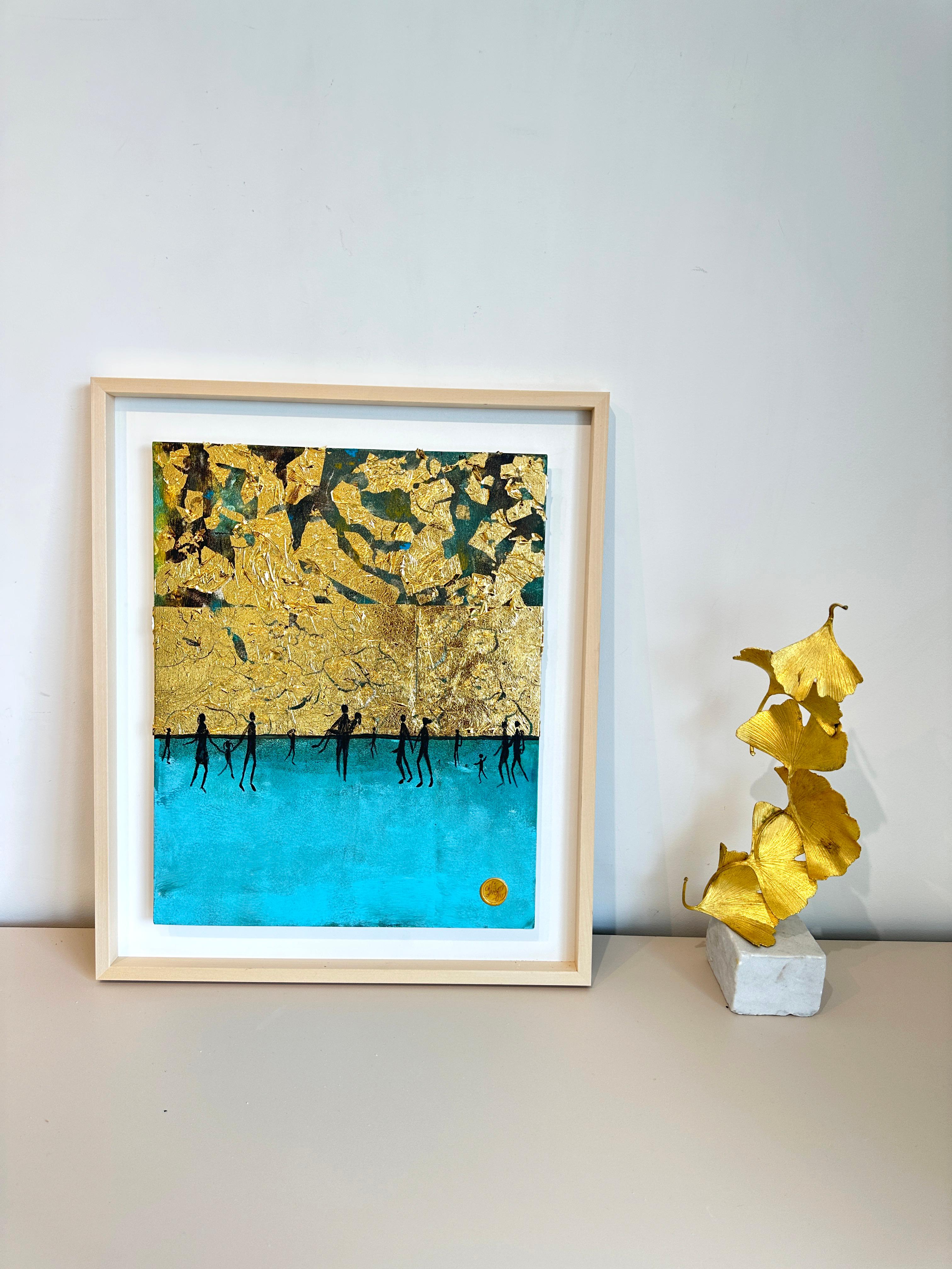 Moments by the Water - Gold Leaf Contemporary abstract family painting For Sale 6