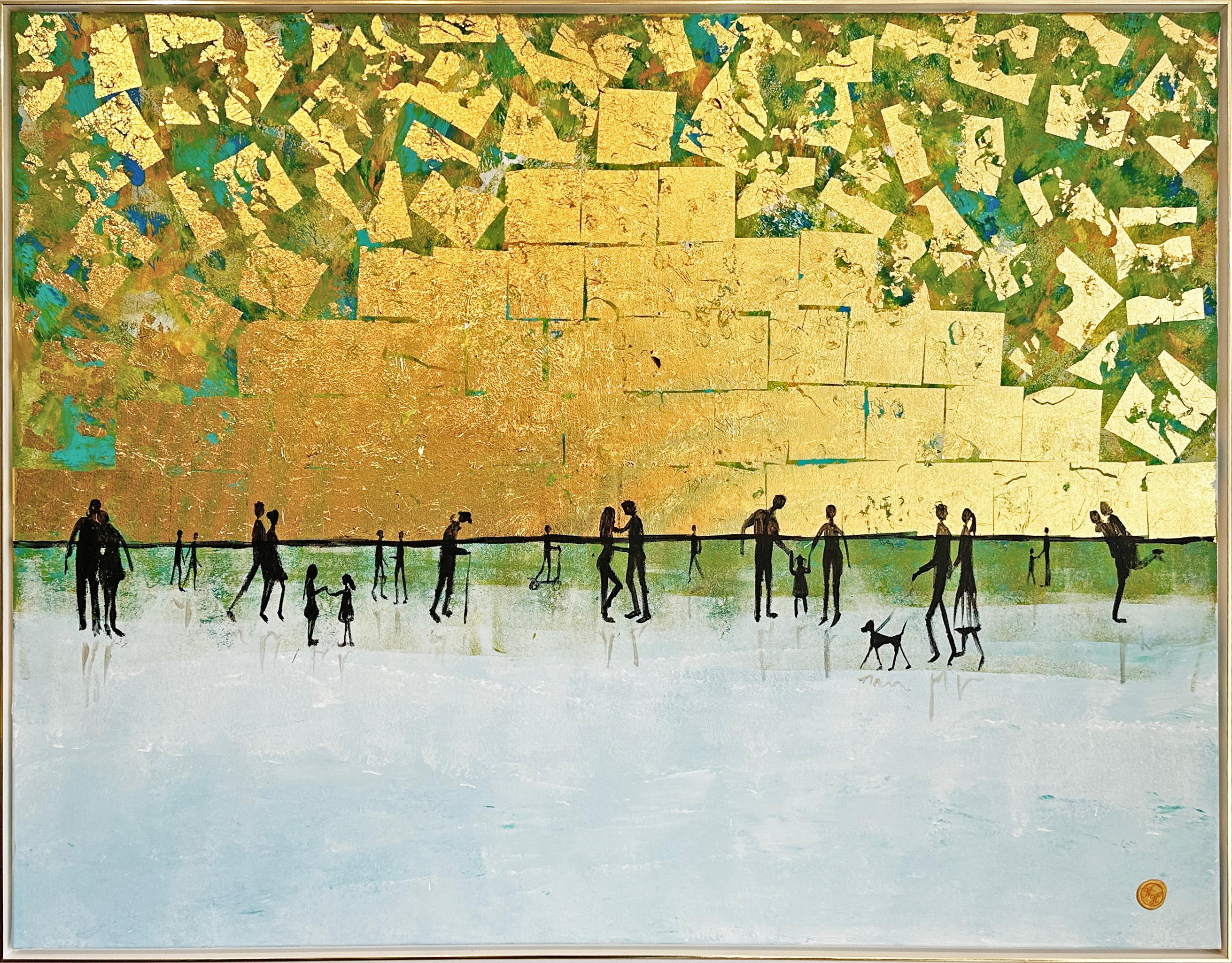 Off to new Adventures - Gold Leaf Contemporary abstract family painting - Painting by Katharina Hormel