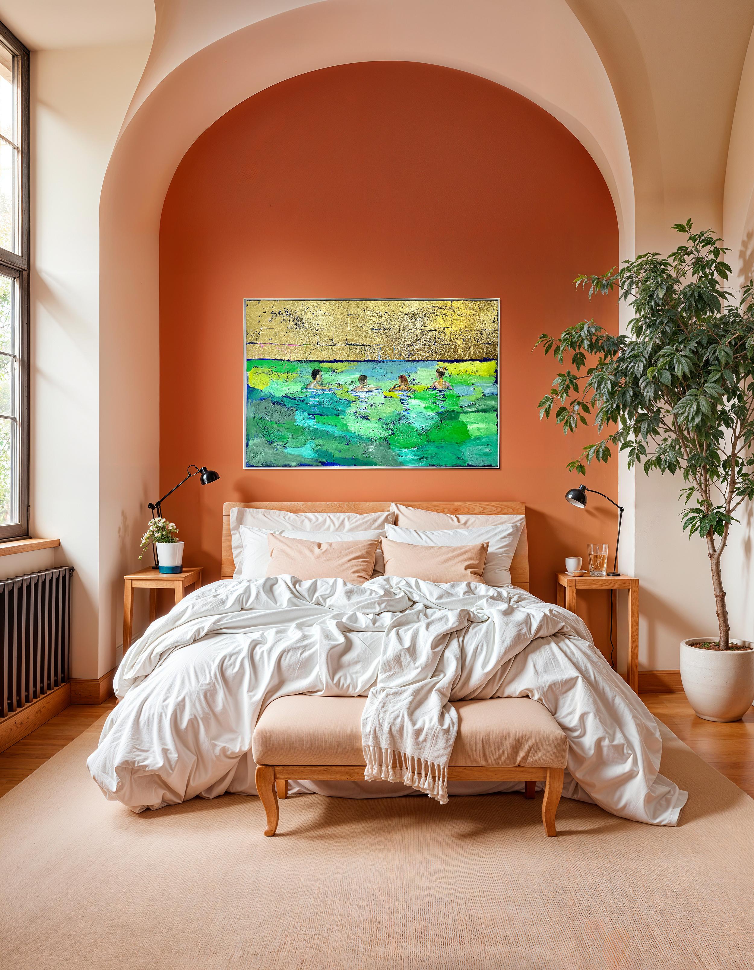 Precious Moments - Gold Leaf Contemporary abstract swimmer painting For Sale 10