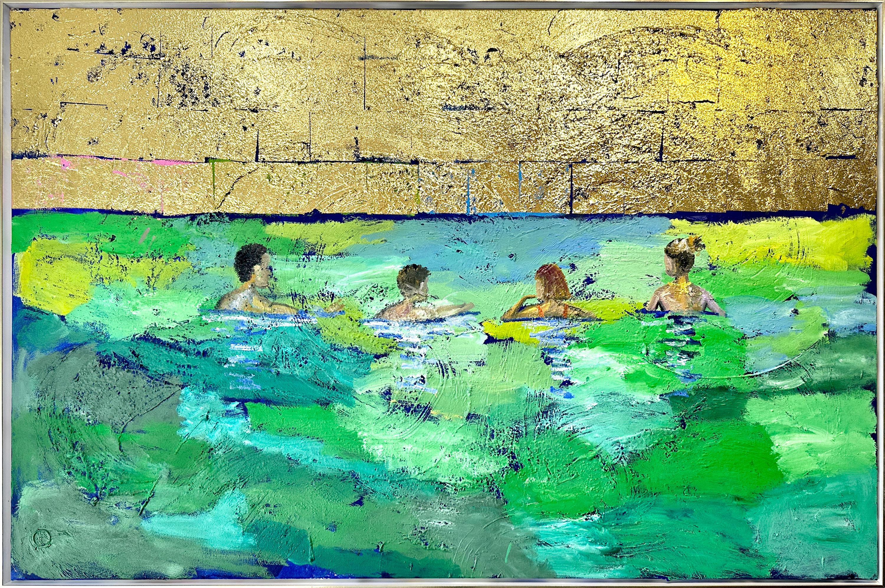 Precious Moments - Gold Leaf Contemporary abstract swimmer painting - Painting by Katharina Hormel