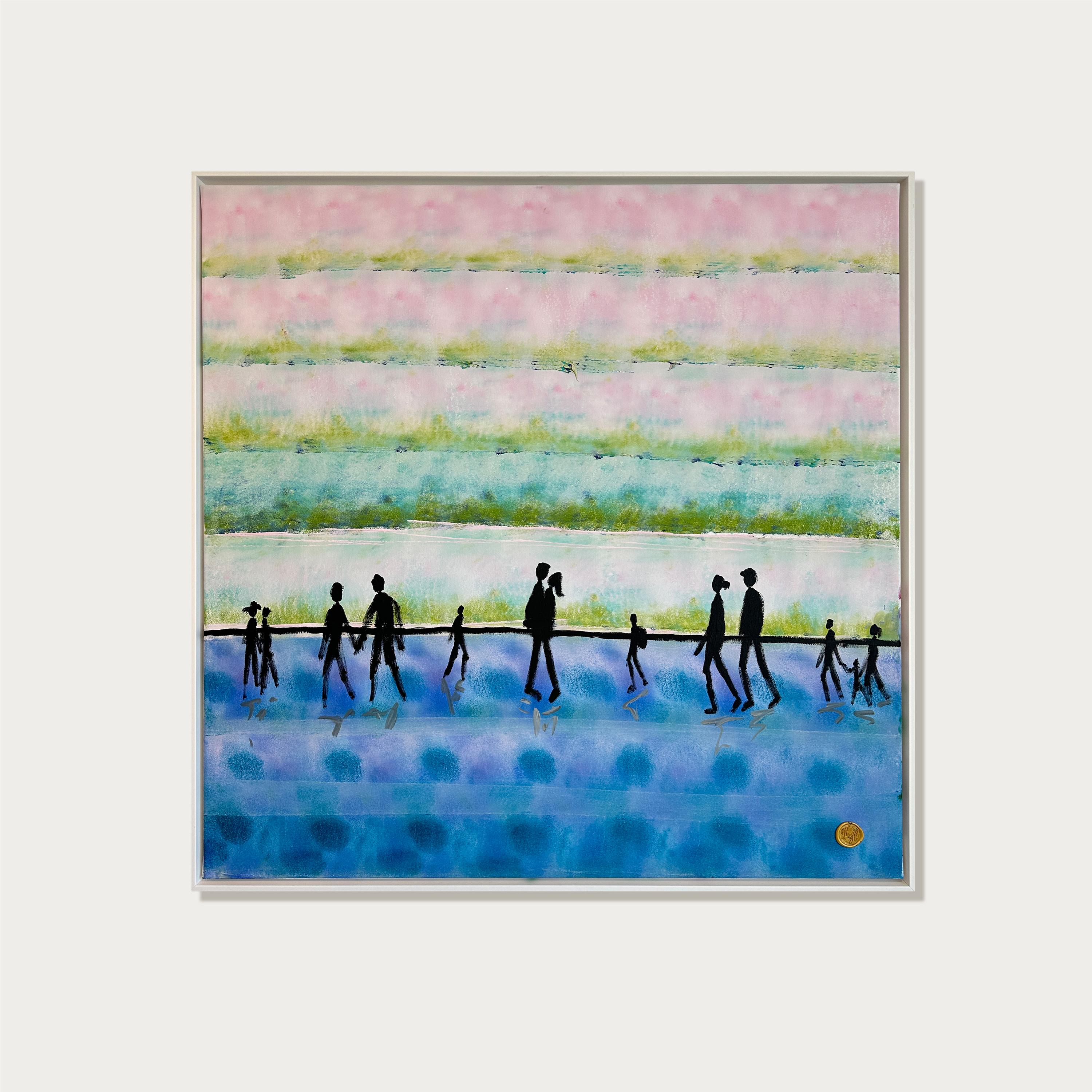 Katharina Hormel creates minimalistic landscape paintings featuring everyday scenes of life. Her art often portrays people engaged in their daily activities, such as taking a leisurely walk in the park, cycling, playing football, or even