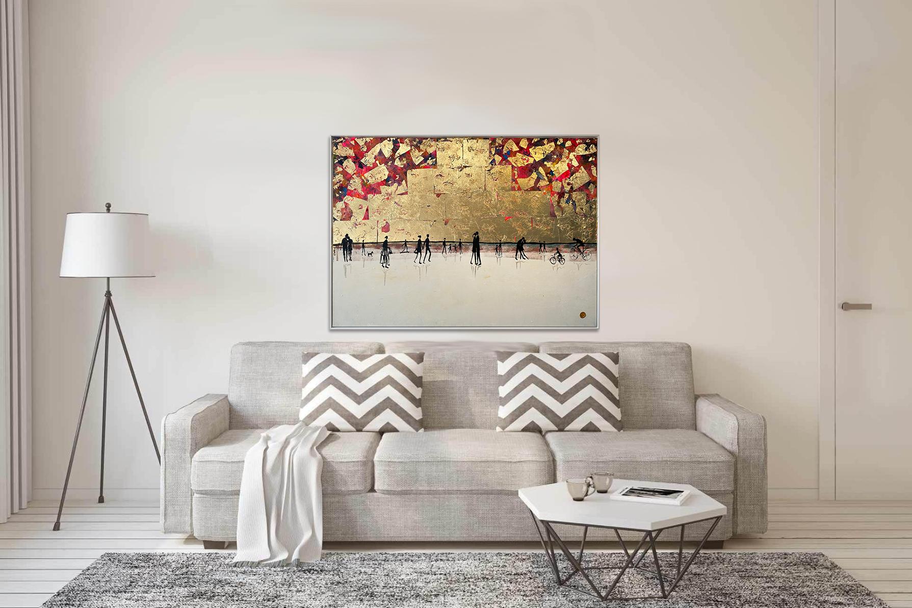 Somewhere over the Rainbow - Gold Leaf Contemporary abstract family painting For Sale 2