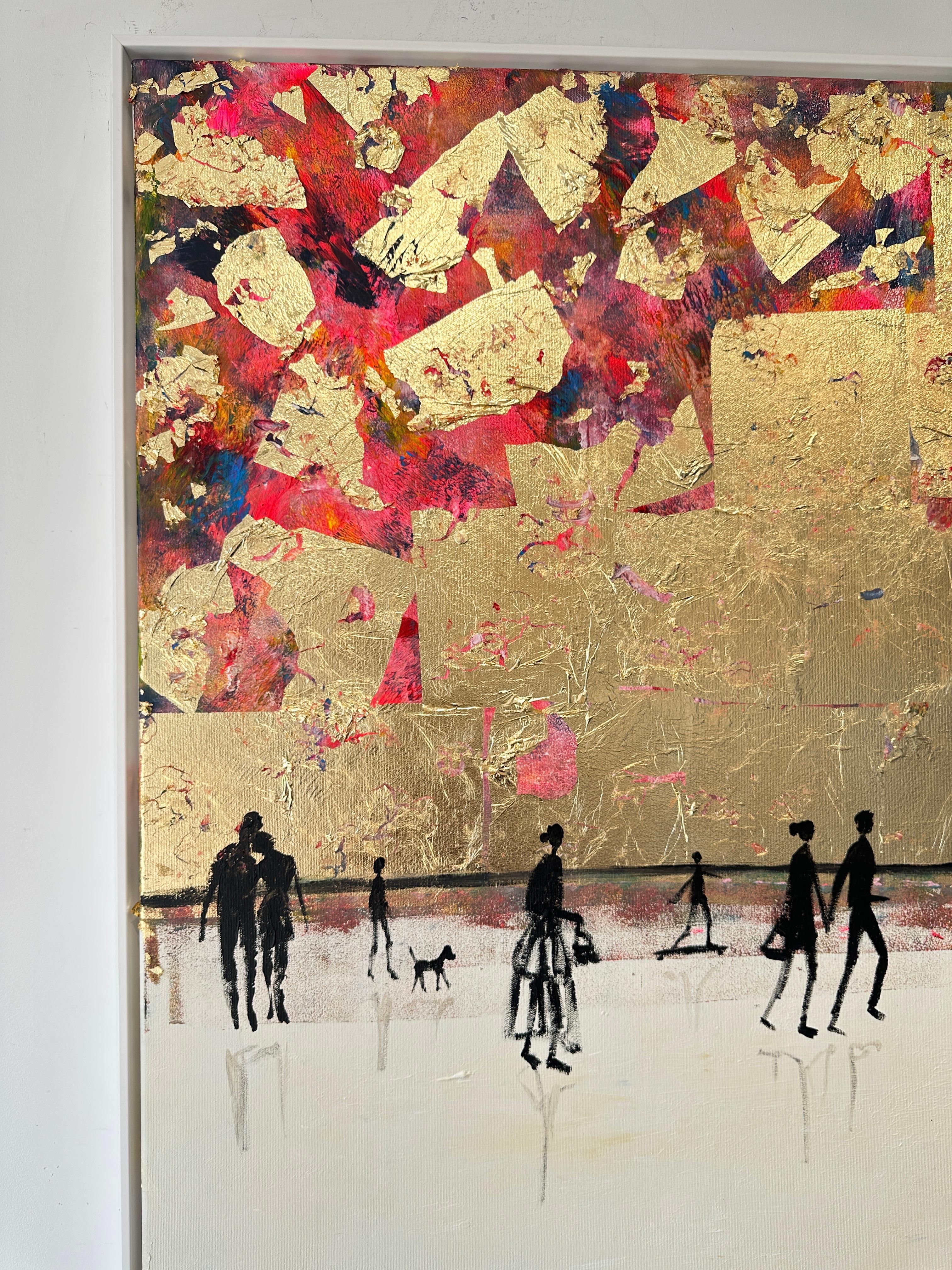 Somewhere over the Rainbow - Gold Leaf Contemporary abstract family painting For Sale 4