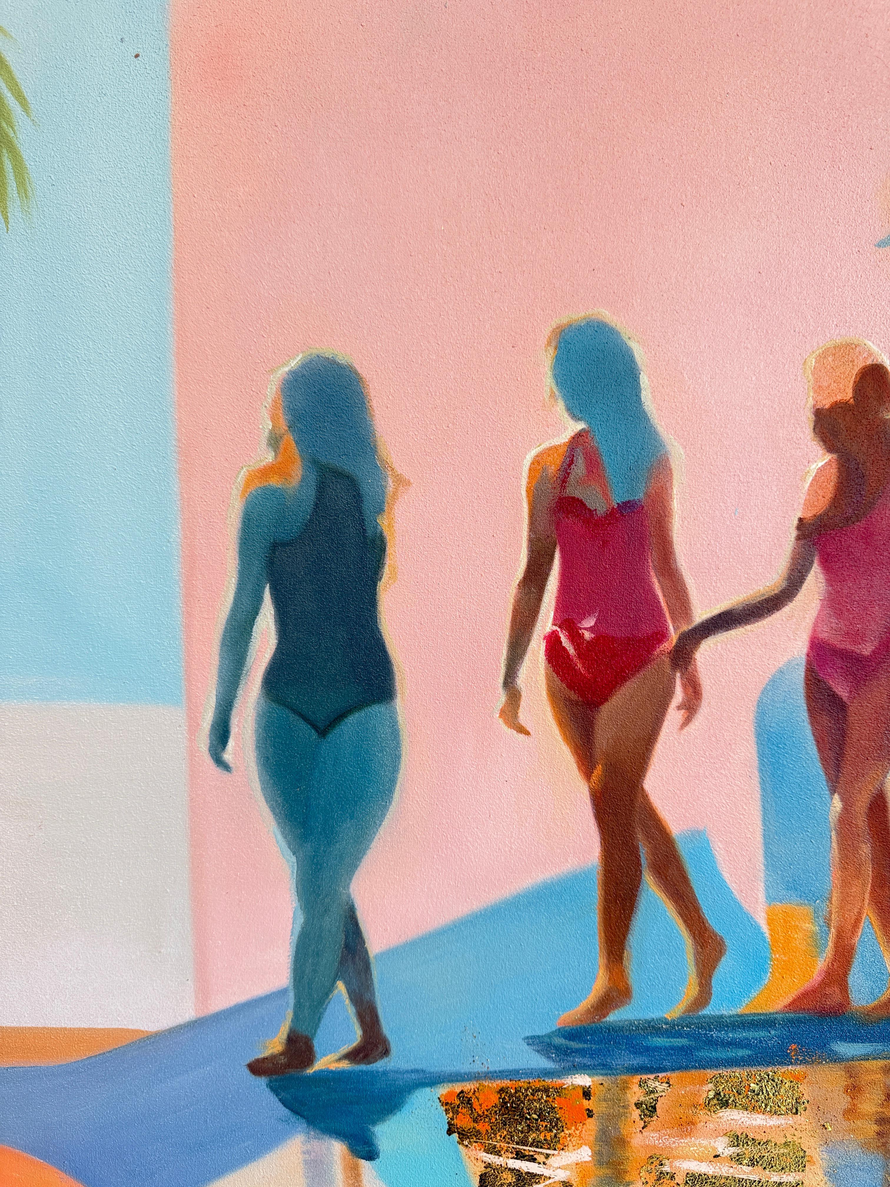 Katharina Hormel creates minimalistic landscape paintings featuring everyday scenes of life. Her art often portrays people engaged in their daily activities, such as taking a leisurely walk in the park, cycling, playing football, or even