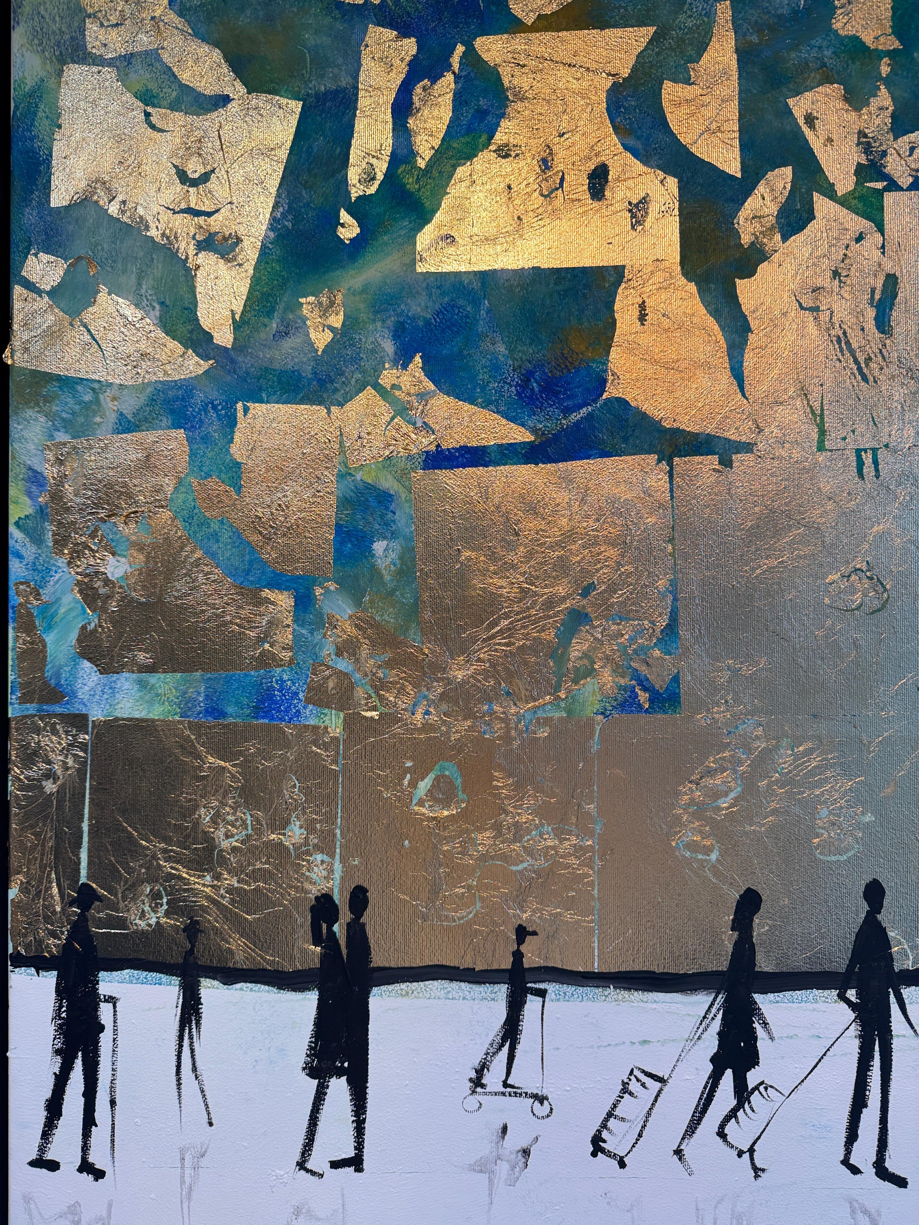 El sonido de tu risa - Cuadro abstracto contemporáneo en pan de oro en venta 9