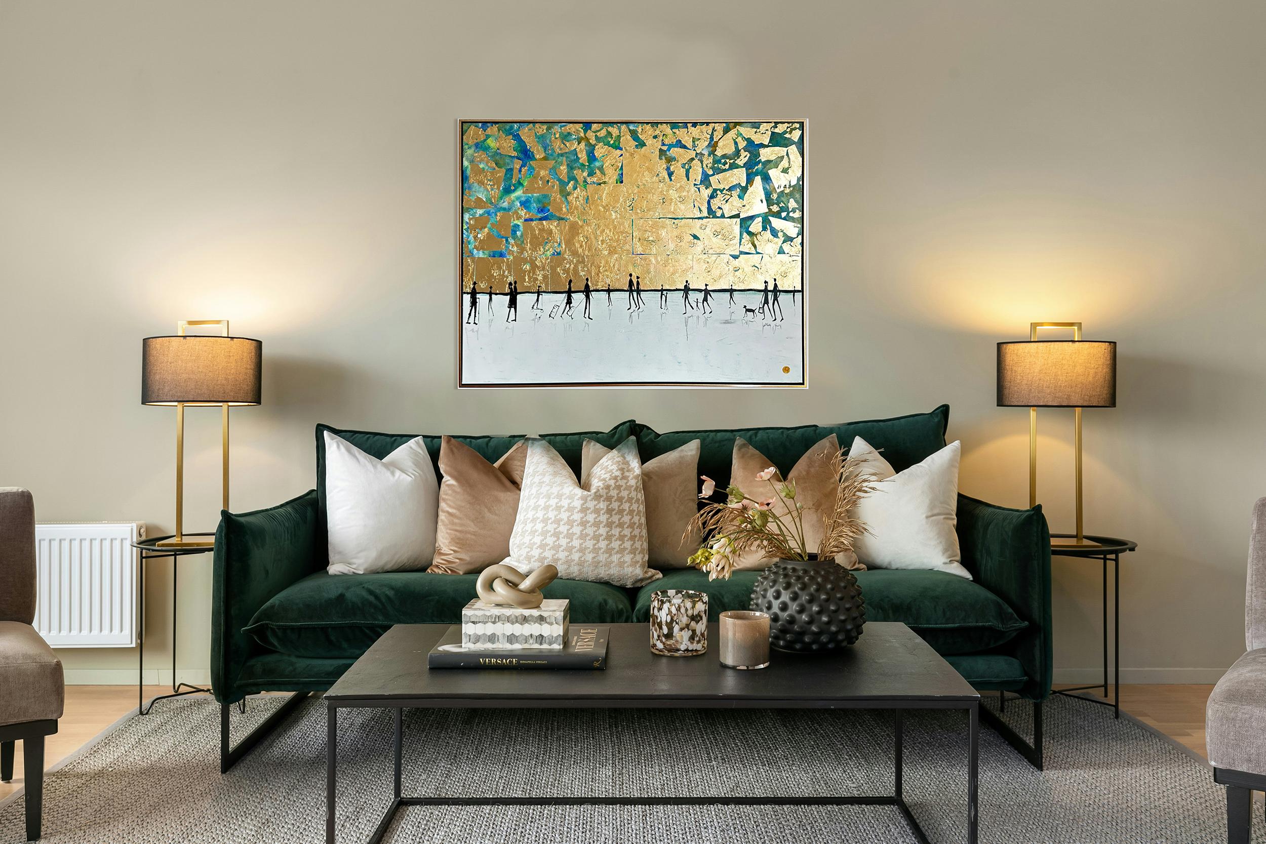 El sonido de tu risa - Cuadro abstracto contemporáneo en pan de oro en venta 1