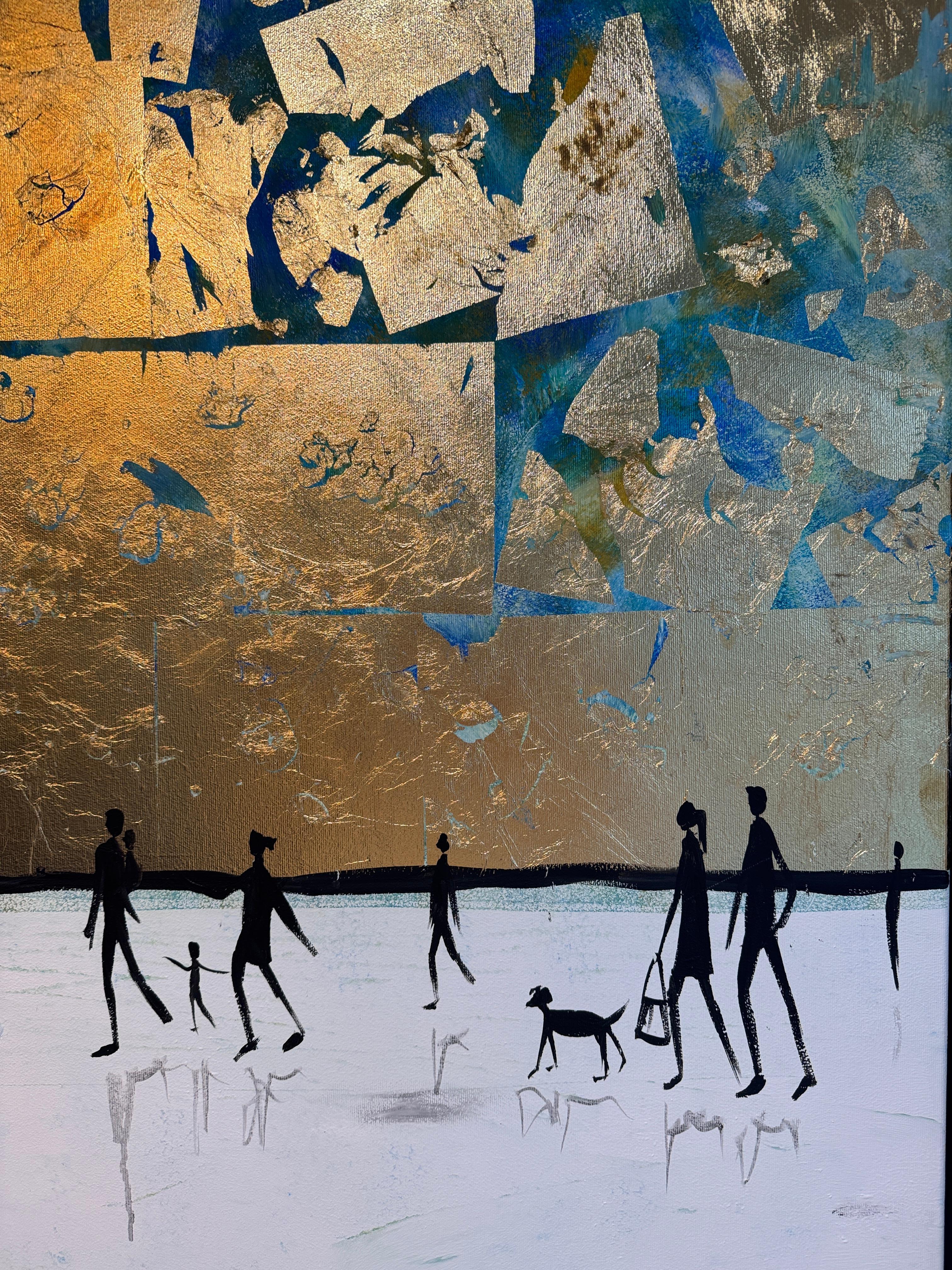 El sonido de tu risa - Cuadro abstracto contemporáneo en pan de oro en venta 2