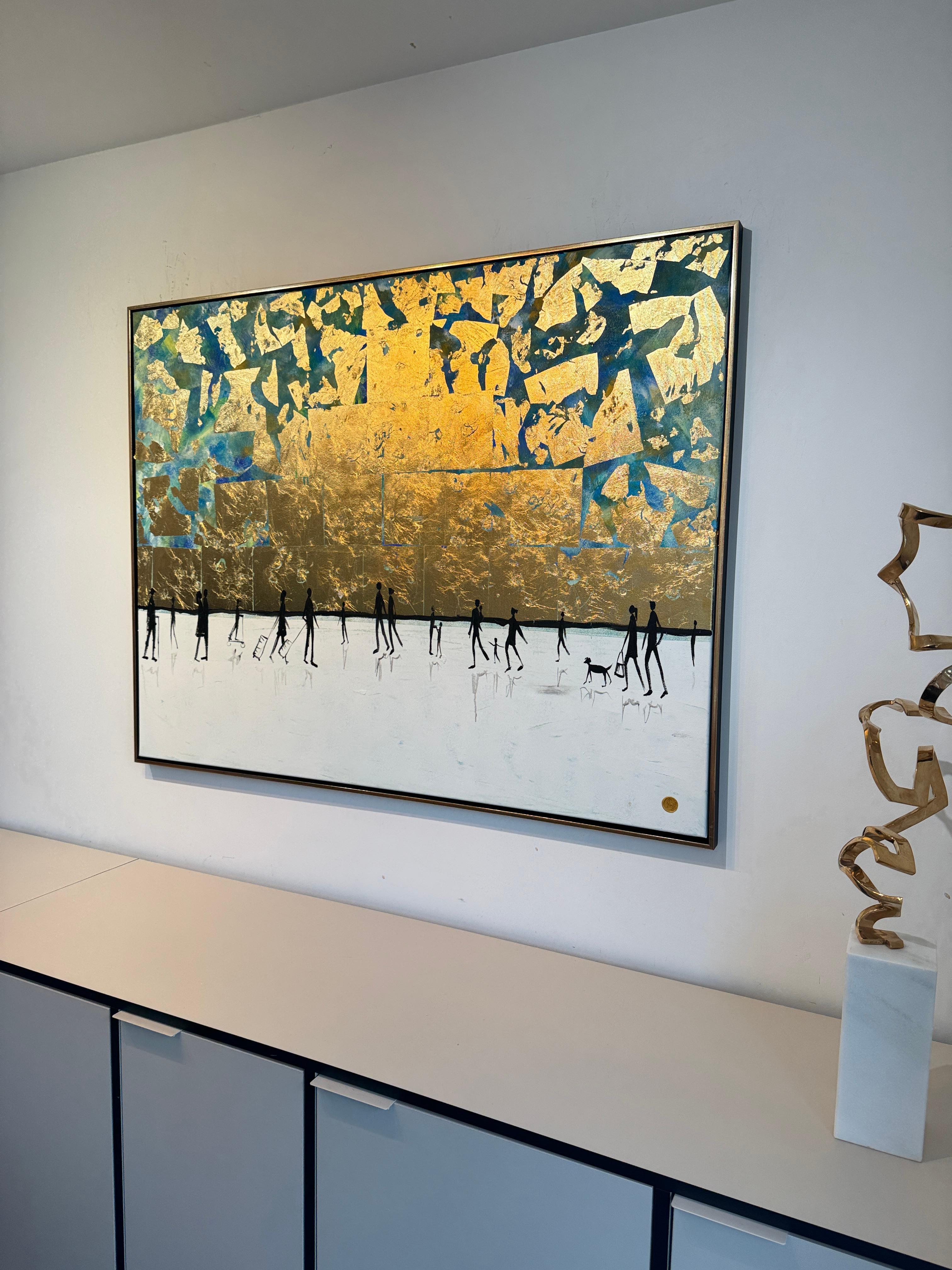 El sonido de tu risa - Cuadro abstracto contemporáneo en pan de oro en venta 3