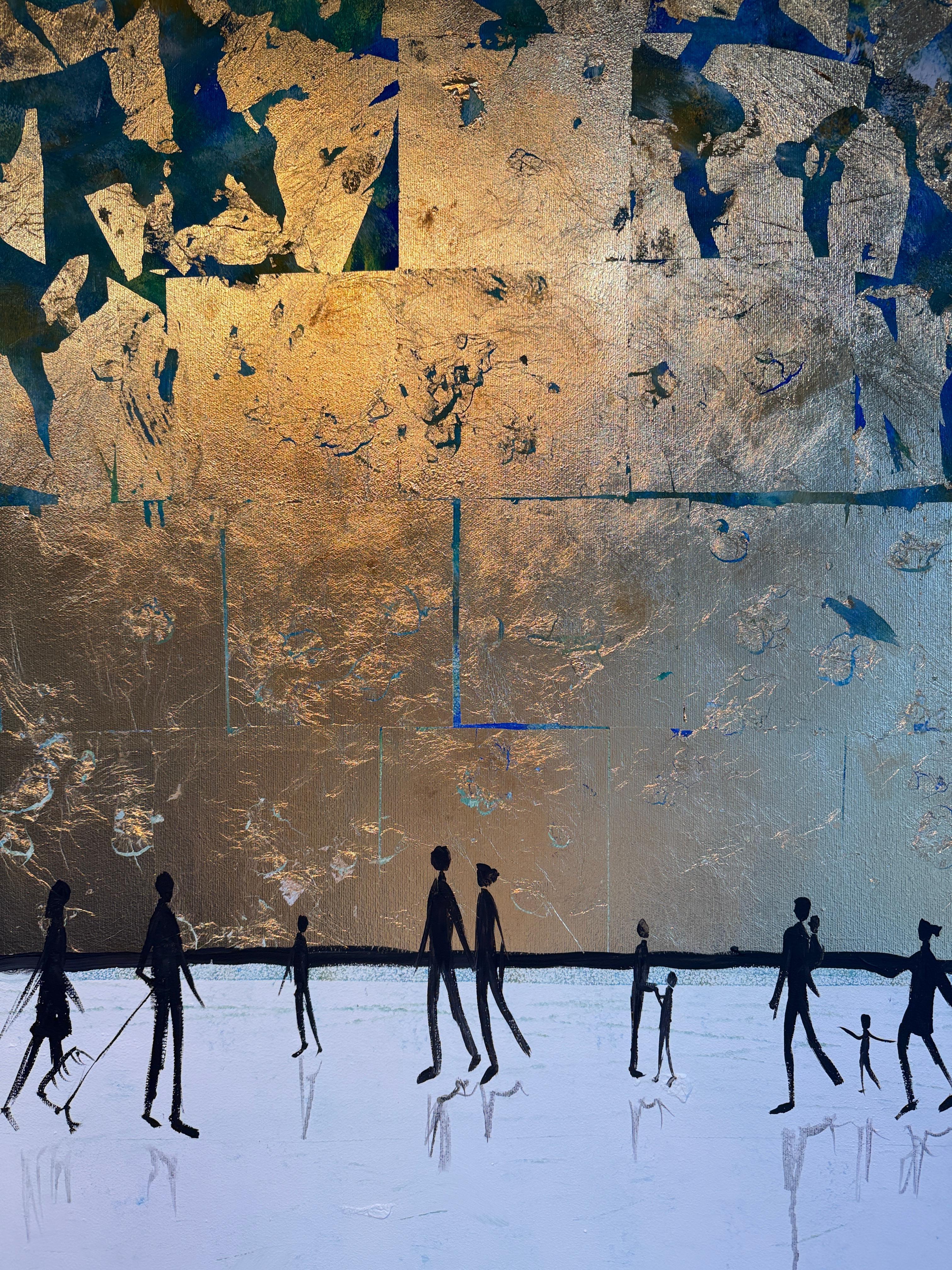 El sonido de tu risa - Cuadro abstracto contemporáneo en pan de oro en venta 4