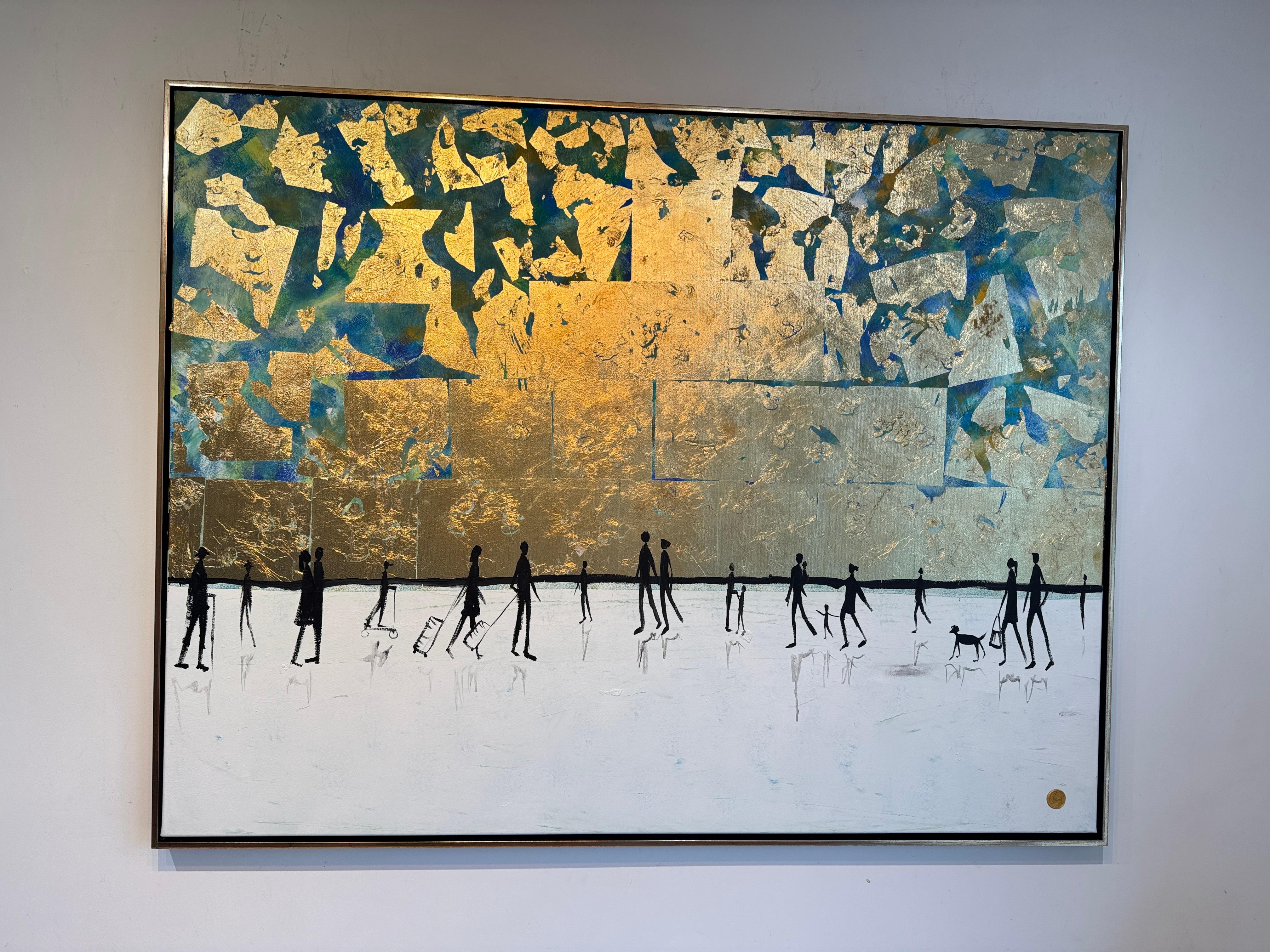 El sonido de tu risa - Cuadro abstracto contemporáneo en pan de oro en venta 5