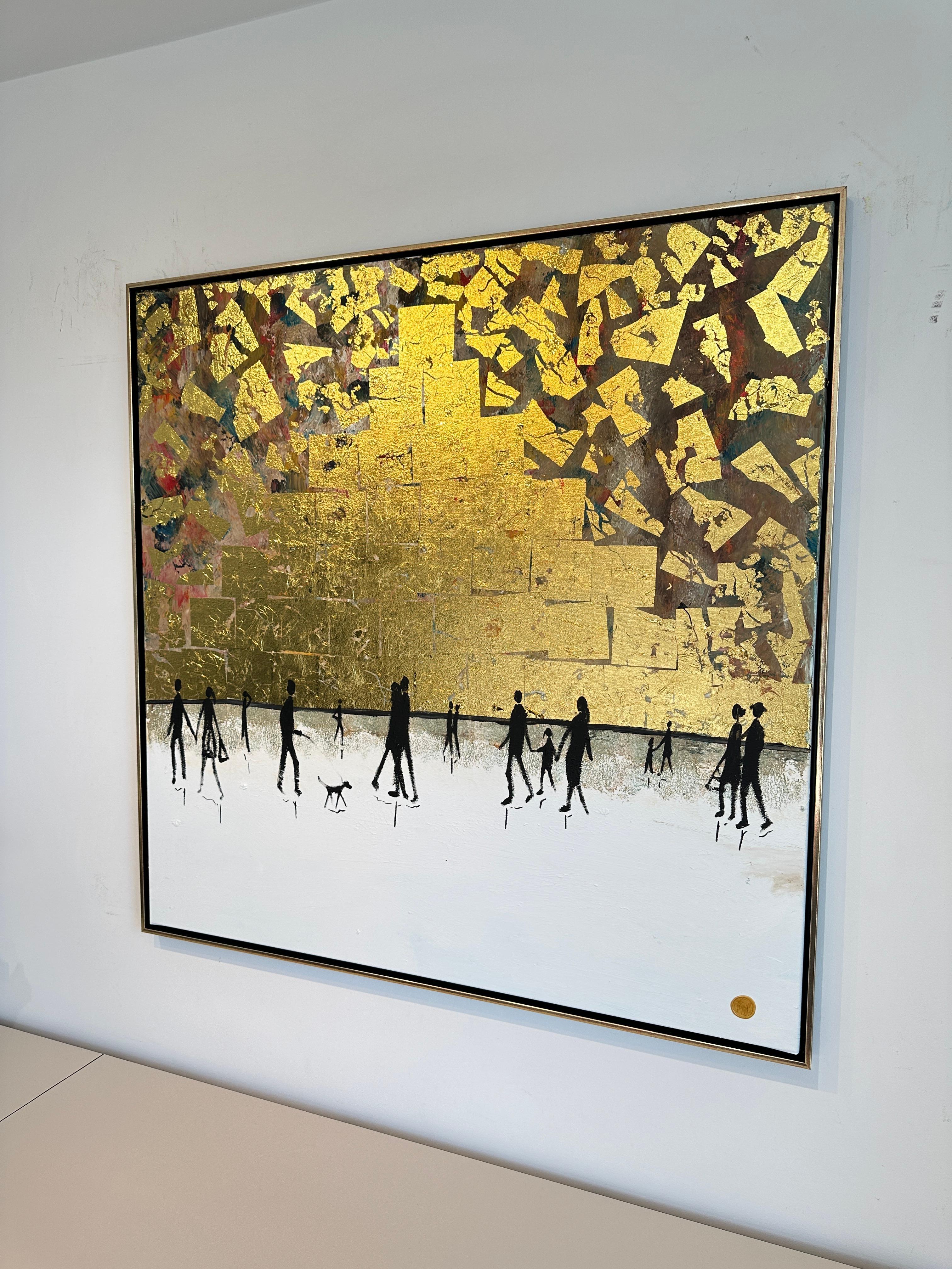 El tiempo pasado contigo - Cuadro familiar abstracto contemporáneo en pan de oro en venta 8