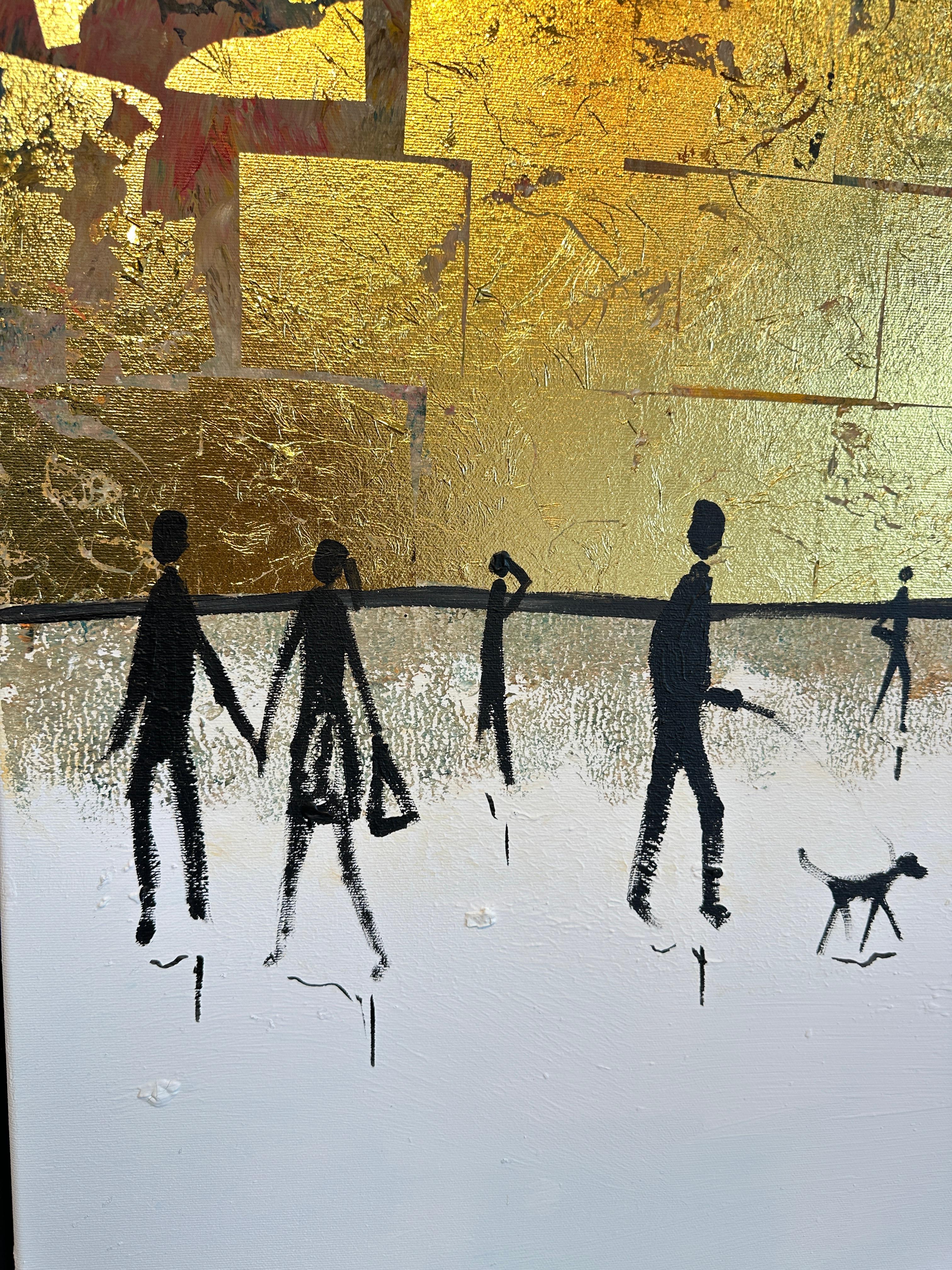 El tiempo pasado contigo - Cuadro familiar abstracto contemporáneo en pan de oro en venta 9