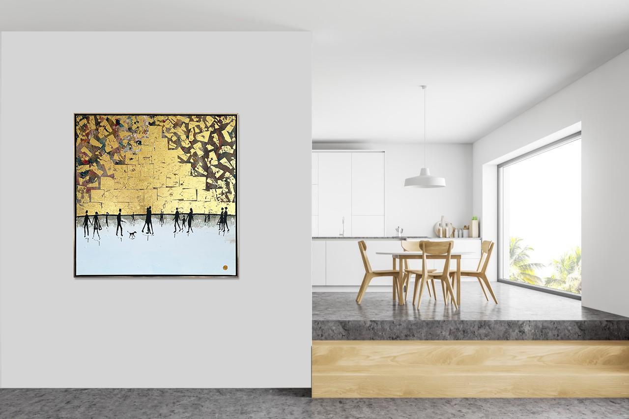 El tiempo pasado contigo - Cuadro familiar abstracto contemporáneo en pan de oro en venta 11