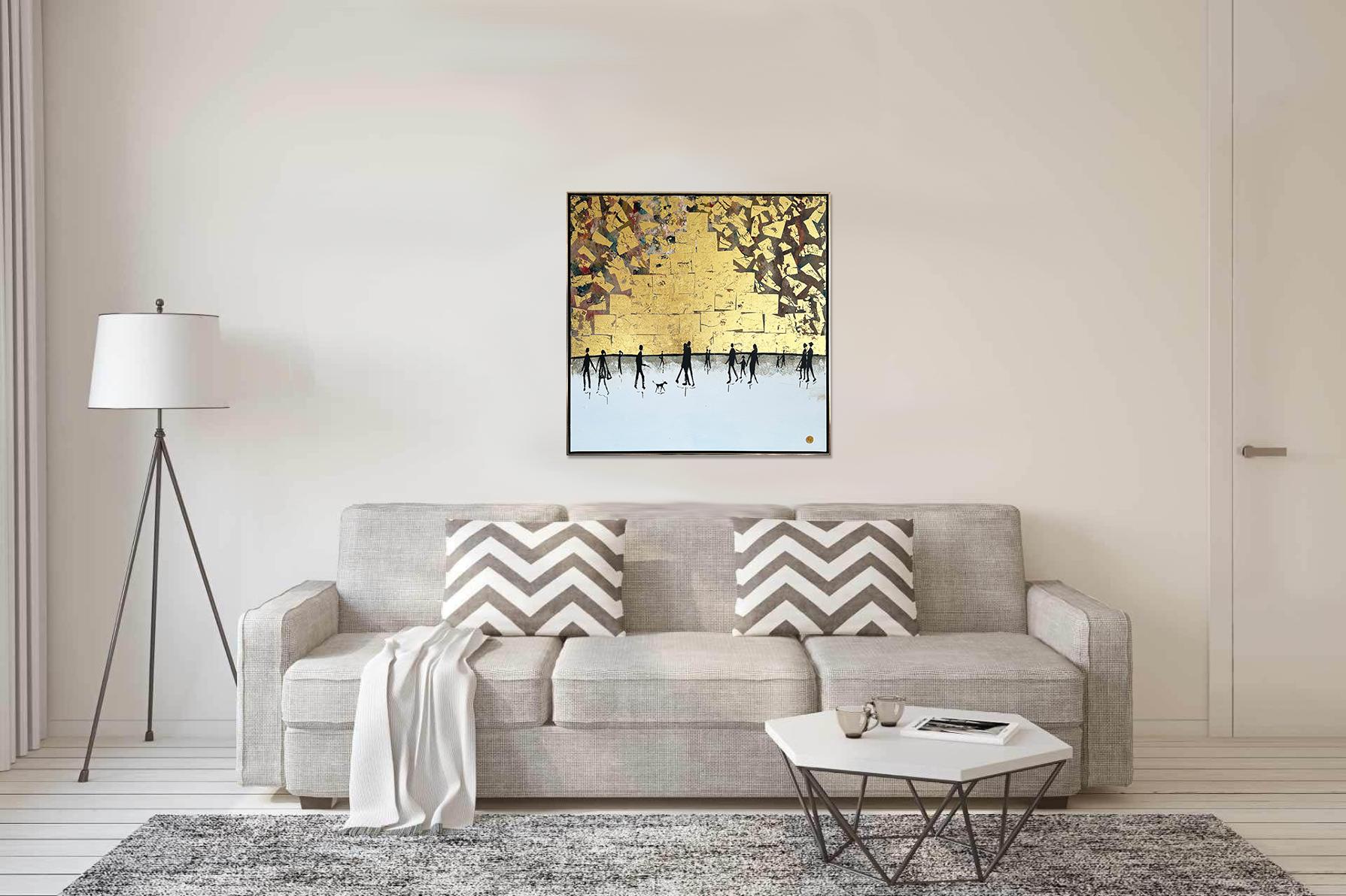 El tiempo pasado contigo - Cuadro familiar abstracto contemporáneo en pan de oro en venta 1
