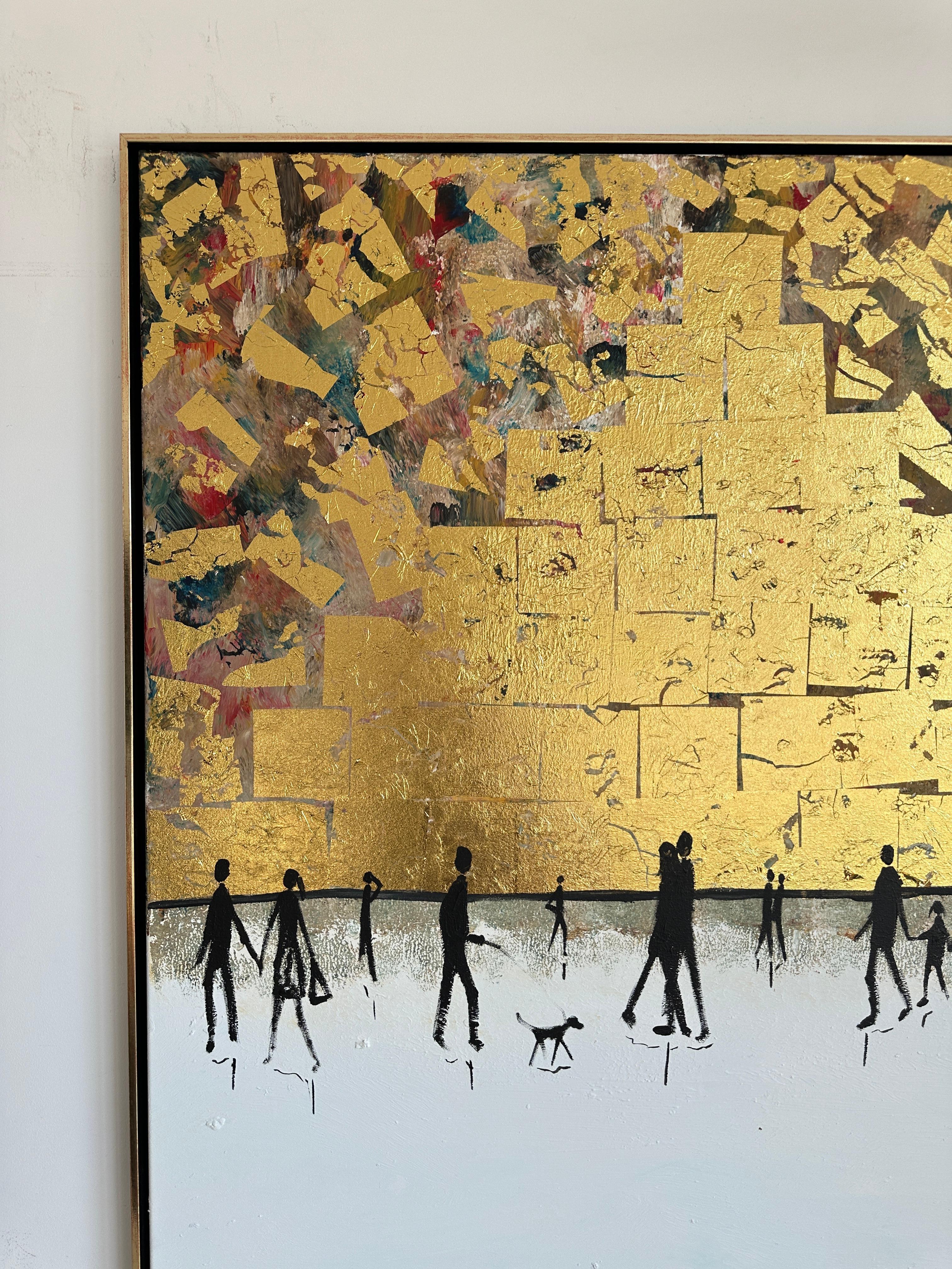 El tiempo pasado contigo - Cuadro familiar abstracto contemporáneo en pan de oro en venta 2