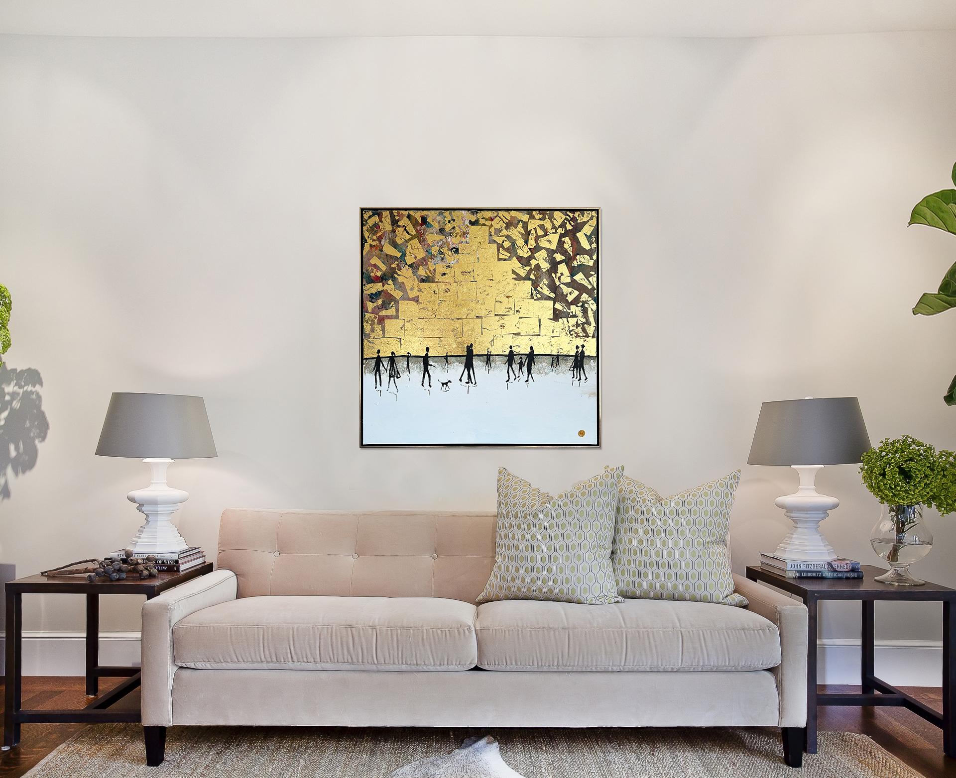 El tiempo pasado contigo - Cuadro familiar abstracto contemporáneo en pan de oro en venta 5