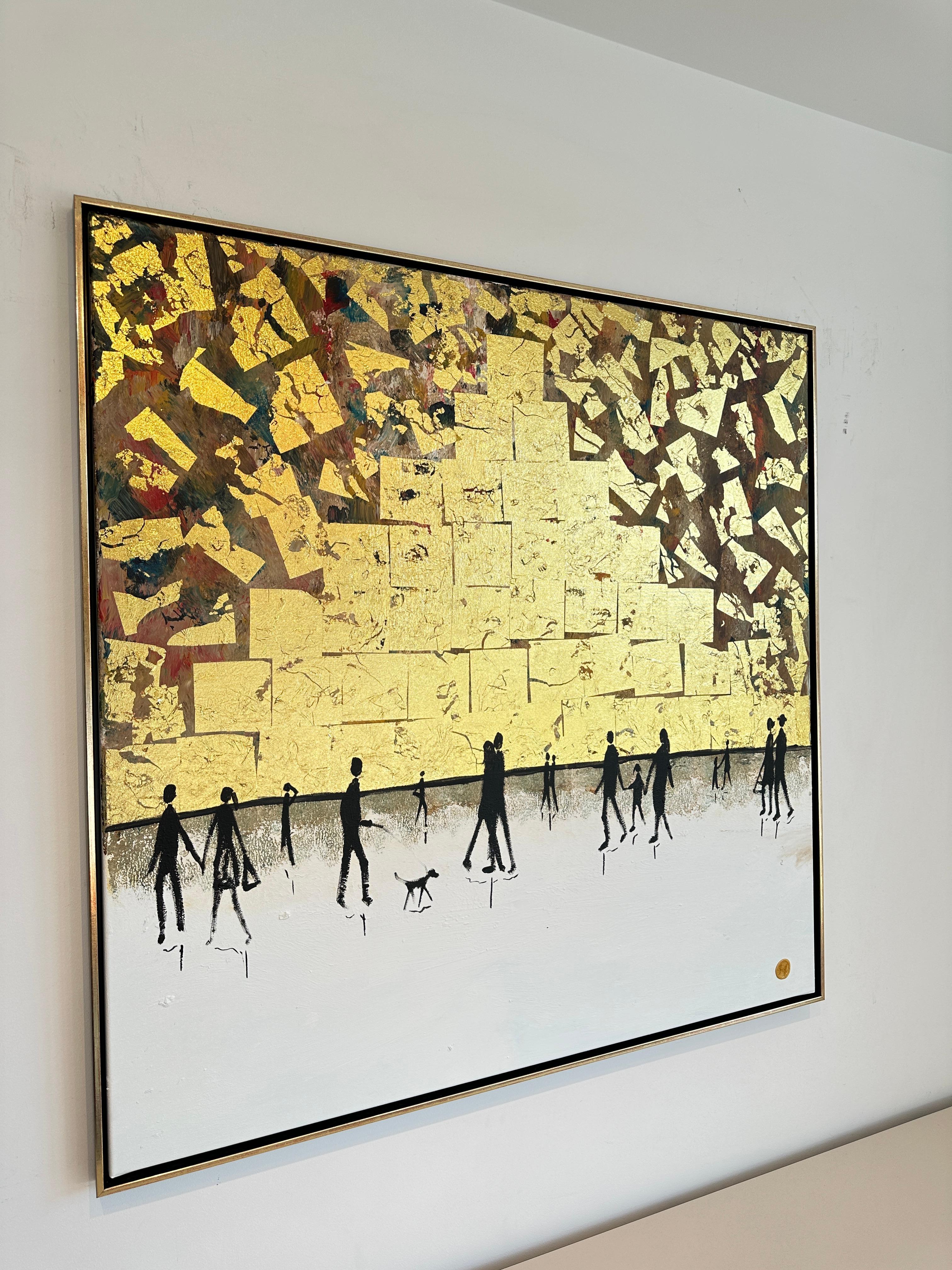 El tiempo pasado contigo - Cuadro familiar abstracto contemporáneo en pan de oro en venta 6