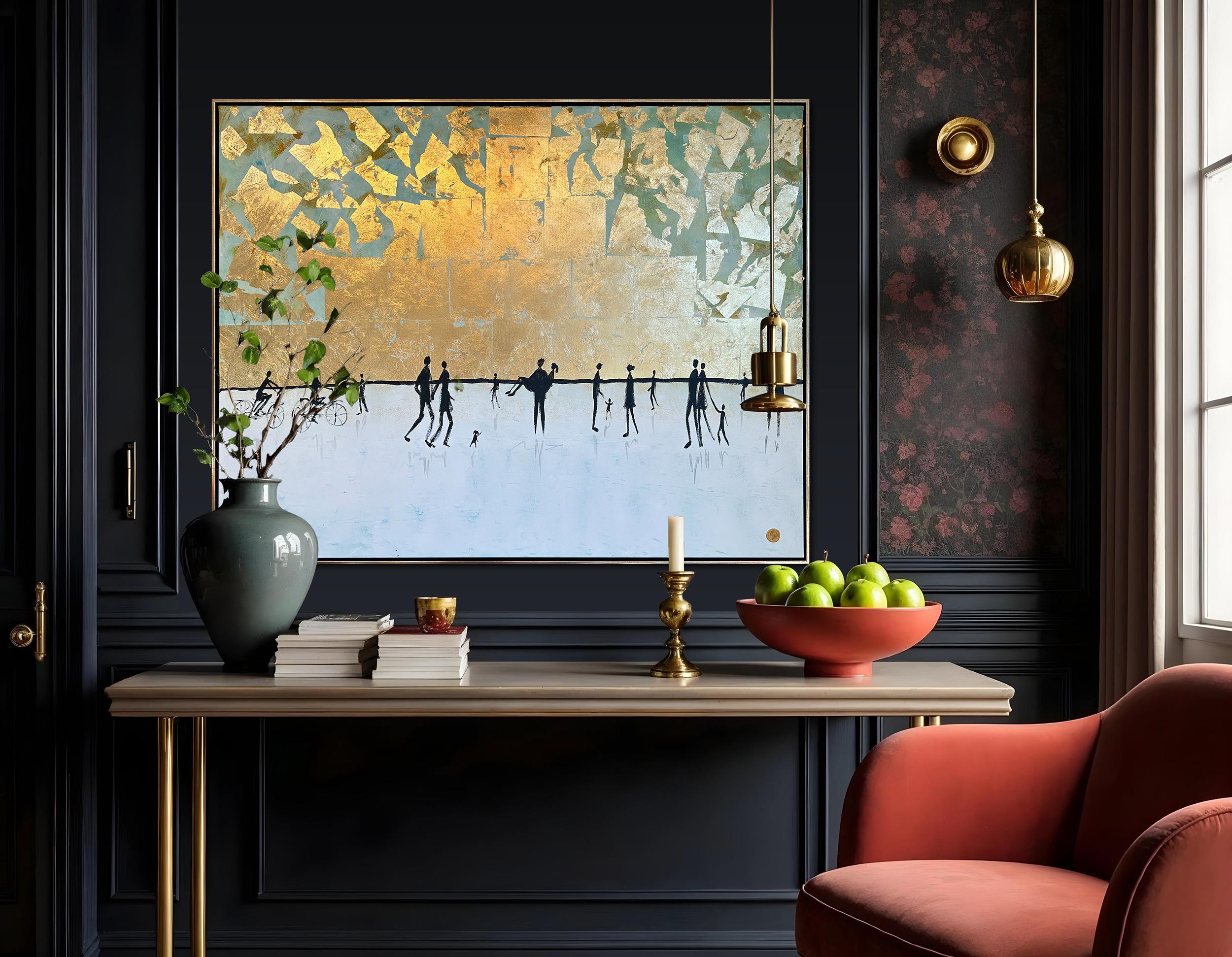 Vers le coucher du soleil - Feuille d'or Peinture familiale abstraite contemporaine en vente 1
