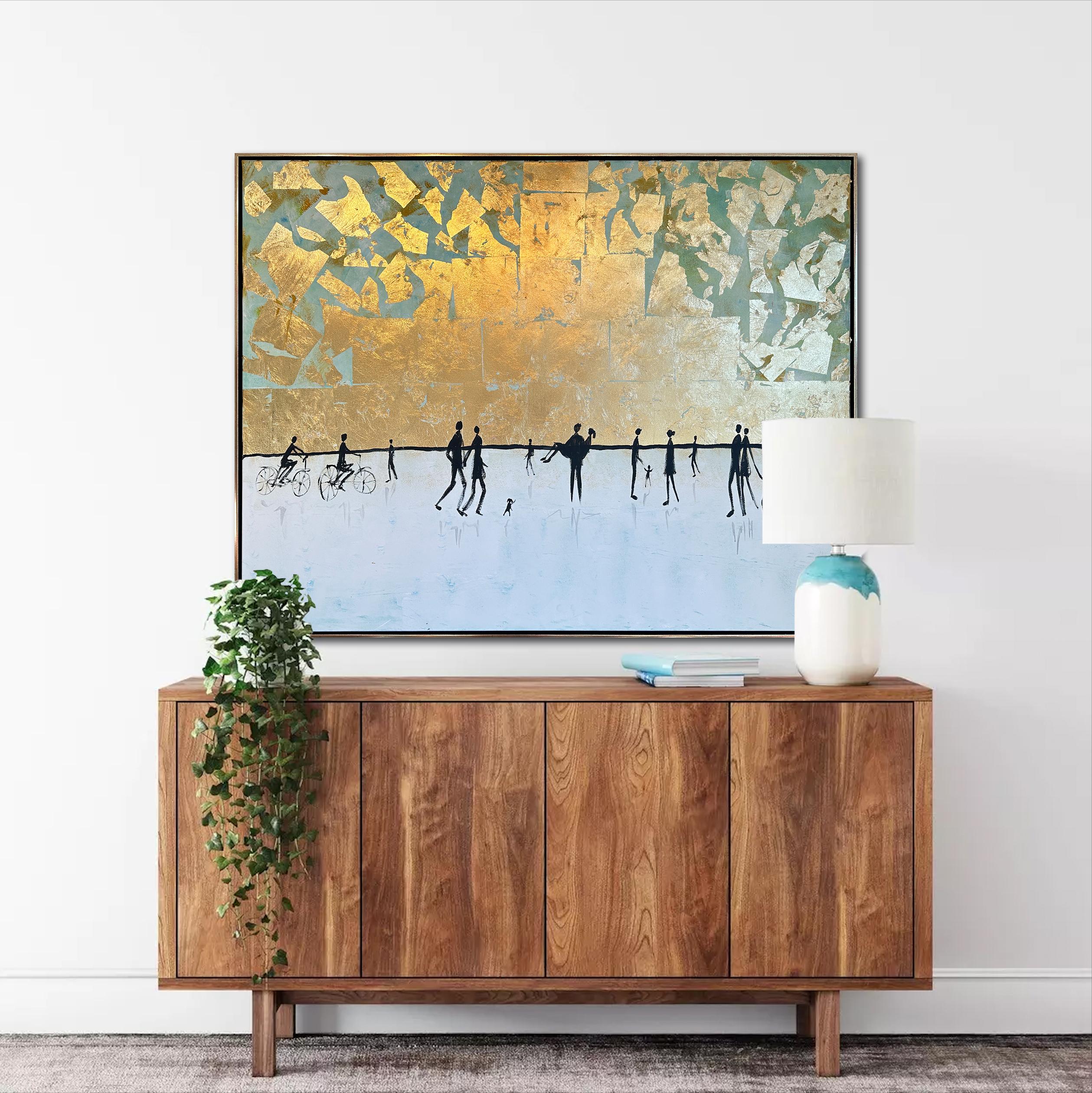 Vers le coucher du soleil - Feuille d'or Peinture familiale abstraite contemporaine en vente 7