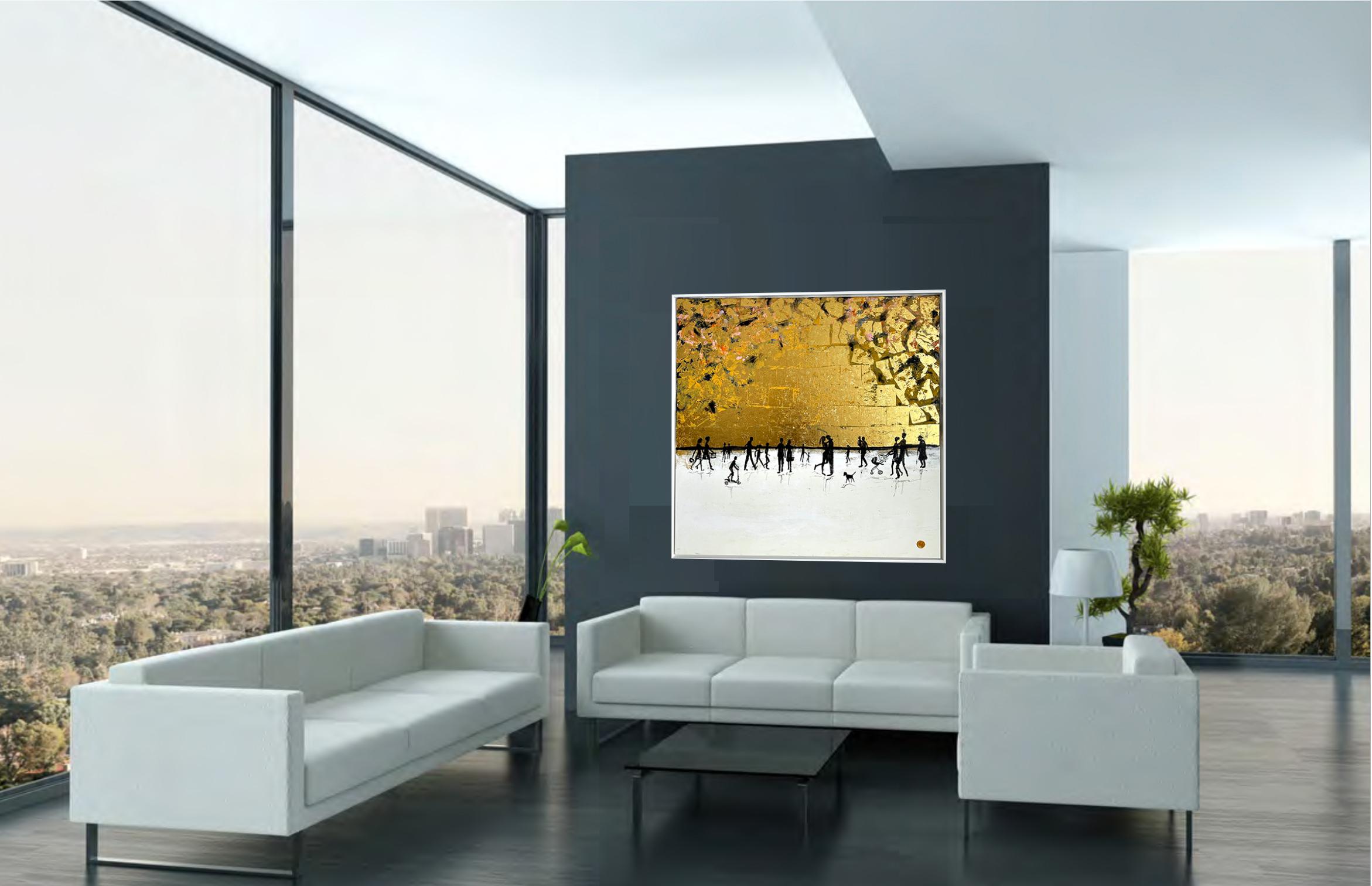 Treasuring every minute Gold Leaf Contemporary abstract family painting For Sale 1