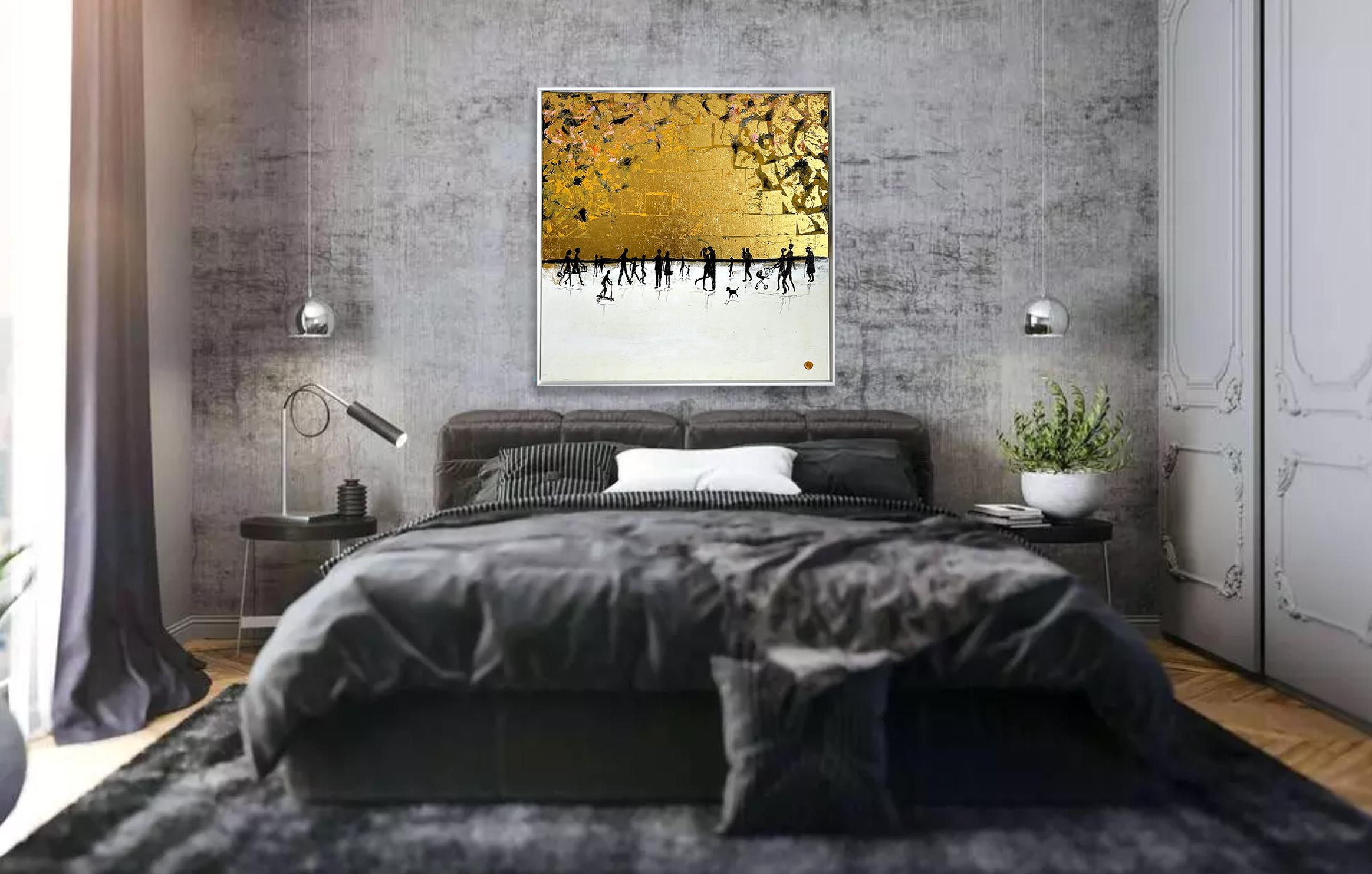 Treasuring every minute Gold Leaf Contemporary abstract family painting For Sale 3