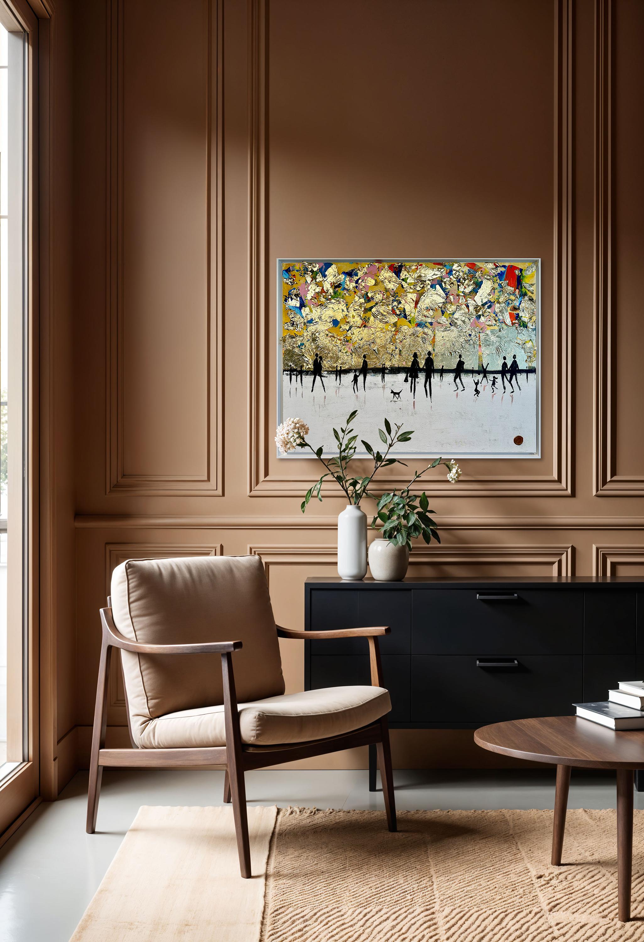 Walking on Sunshine - Cuadro abstracto contemporáneo en pan de oro en venta 12