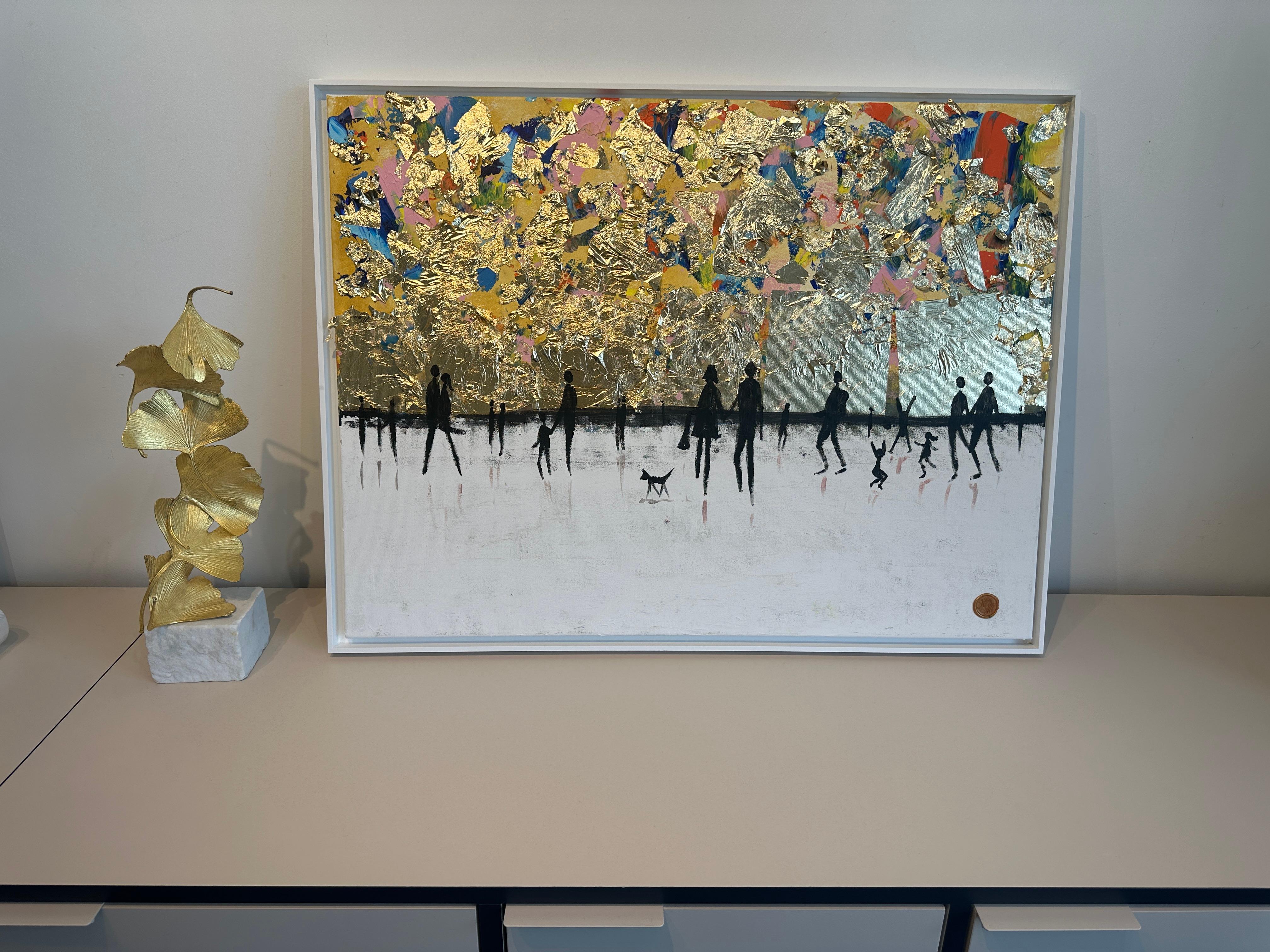 Walking on Sunshine - Cuadro abstracto contemporáneo en pan de oro en venta 2