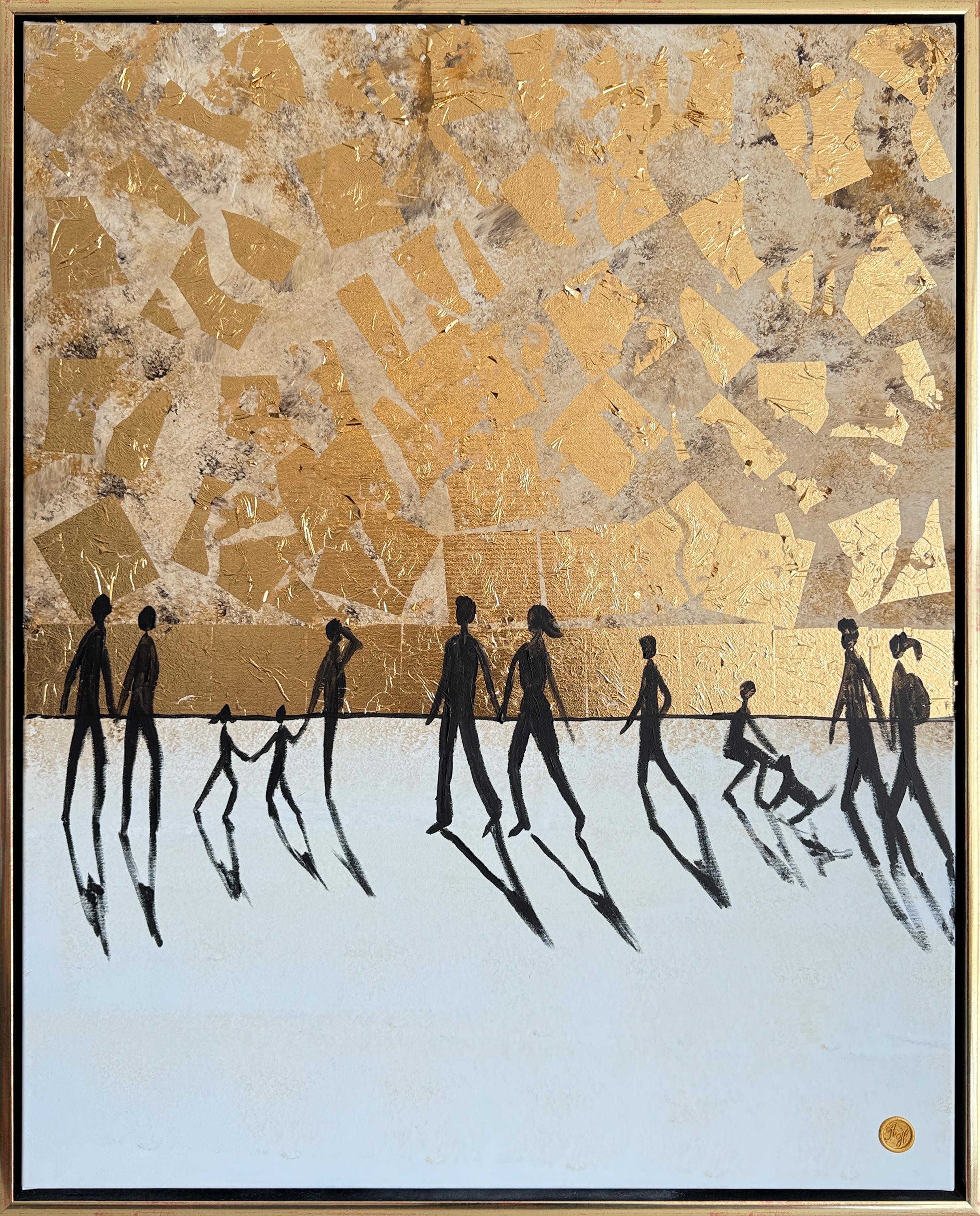 Walking Through Shadows and Light: Gold Leaf Painting, 100x80 cm