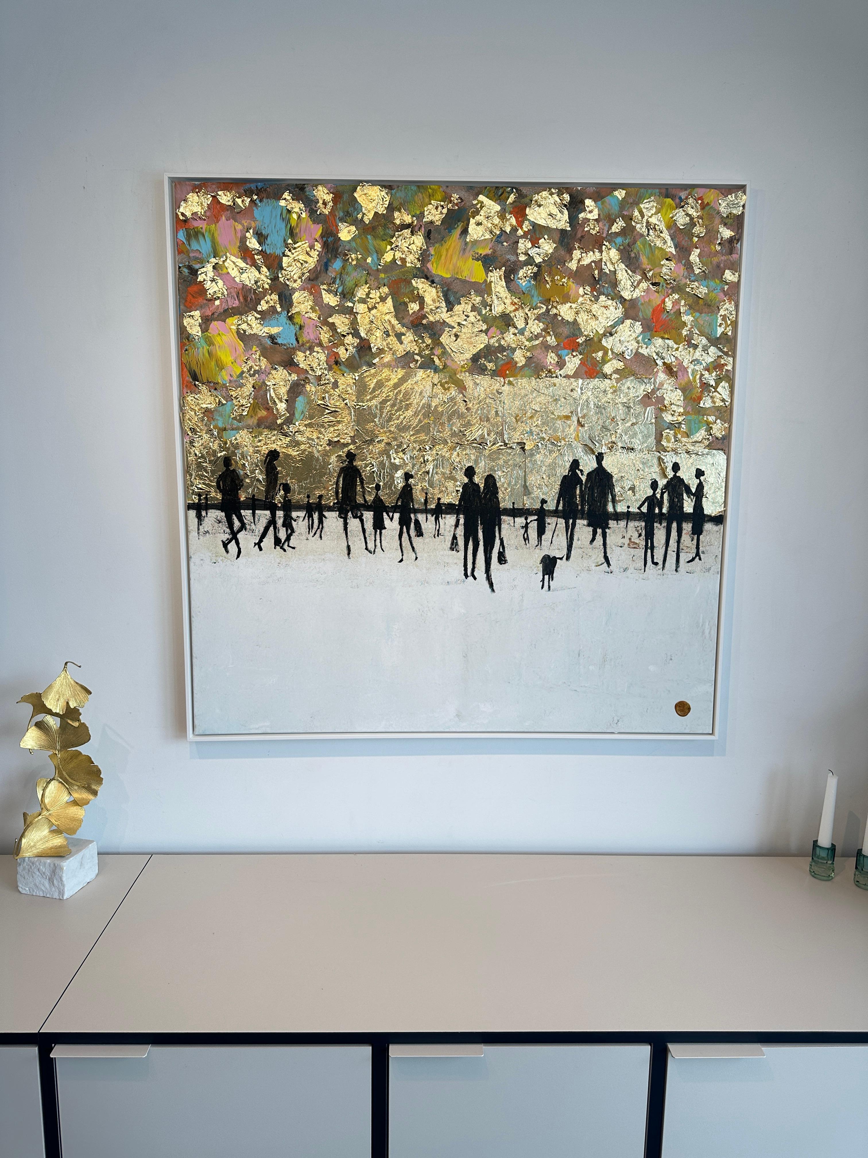 Walking to the end of the Rainbow Gold Contemporary abstract family Oil painting For Sale 1