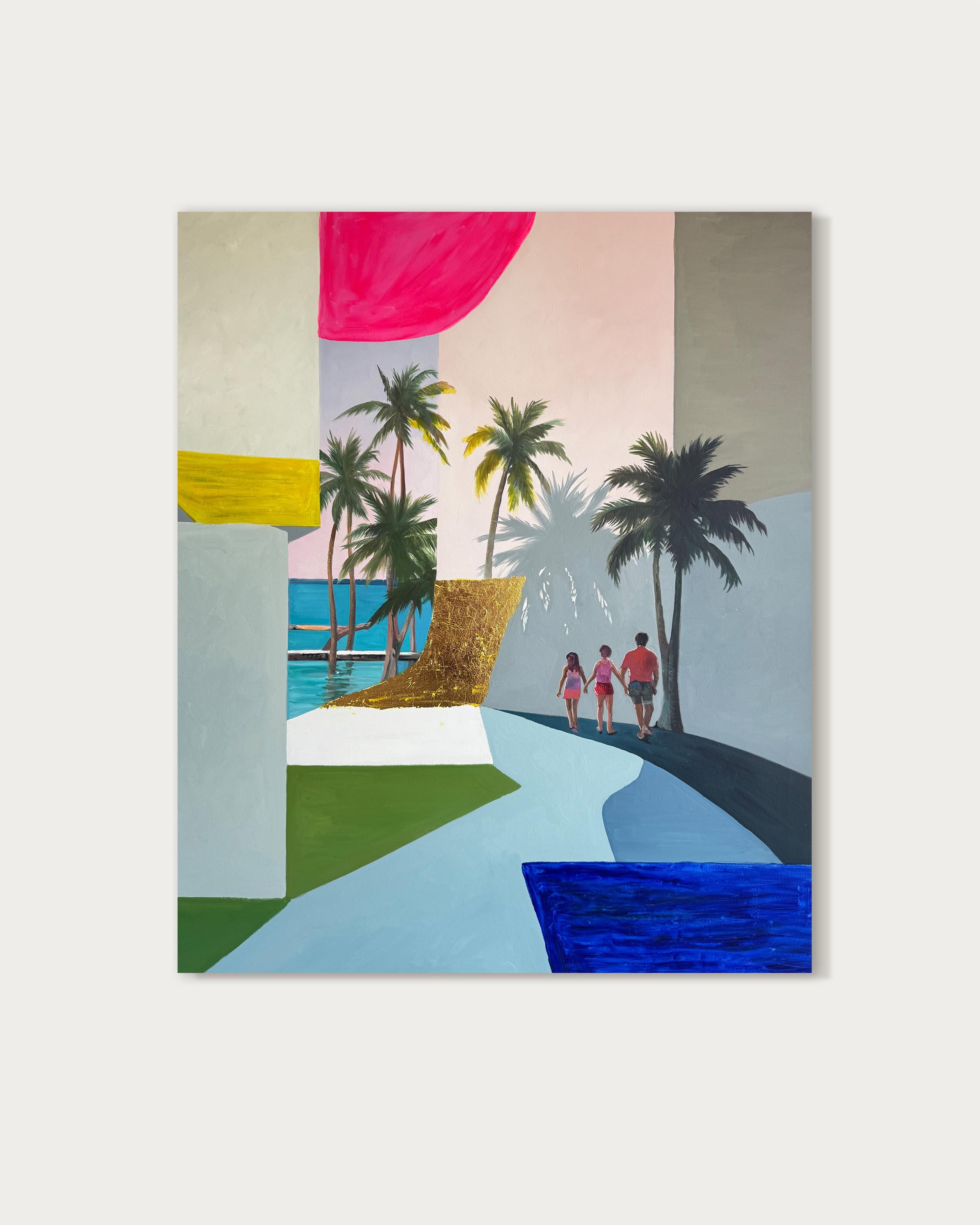 Katharina Hormel creates minimalistic landscape paintings featuring everyday scenes of life. Her art often portrays people engaged in their daily activities, such as taking a leisurely walk in the park, cycling, playing football, or even