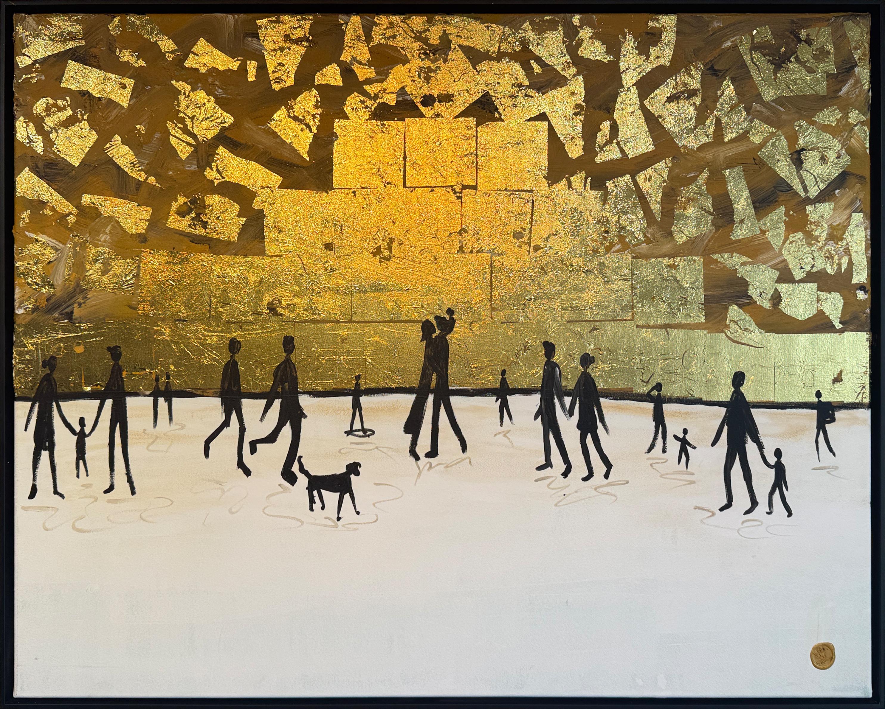 Donde se tocan nuestras sombras - Cuadro familiar abstracto contemporáneo en pan de oro