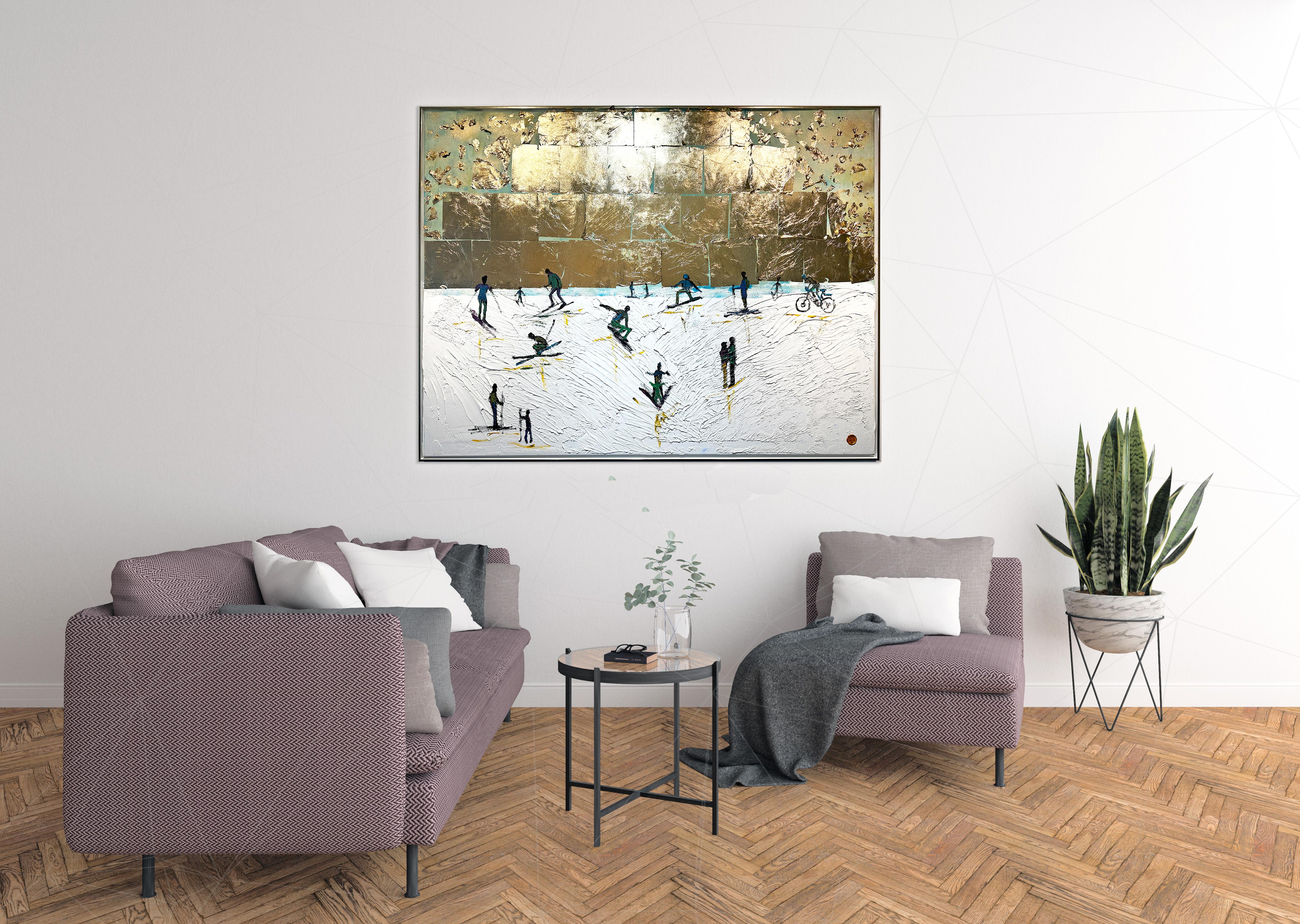 Winter Fun by K. Hormel - Gold Contemporary SKiing Landscape painting For Sale 1