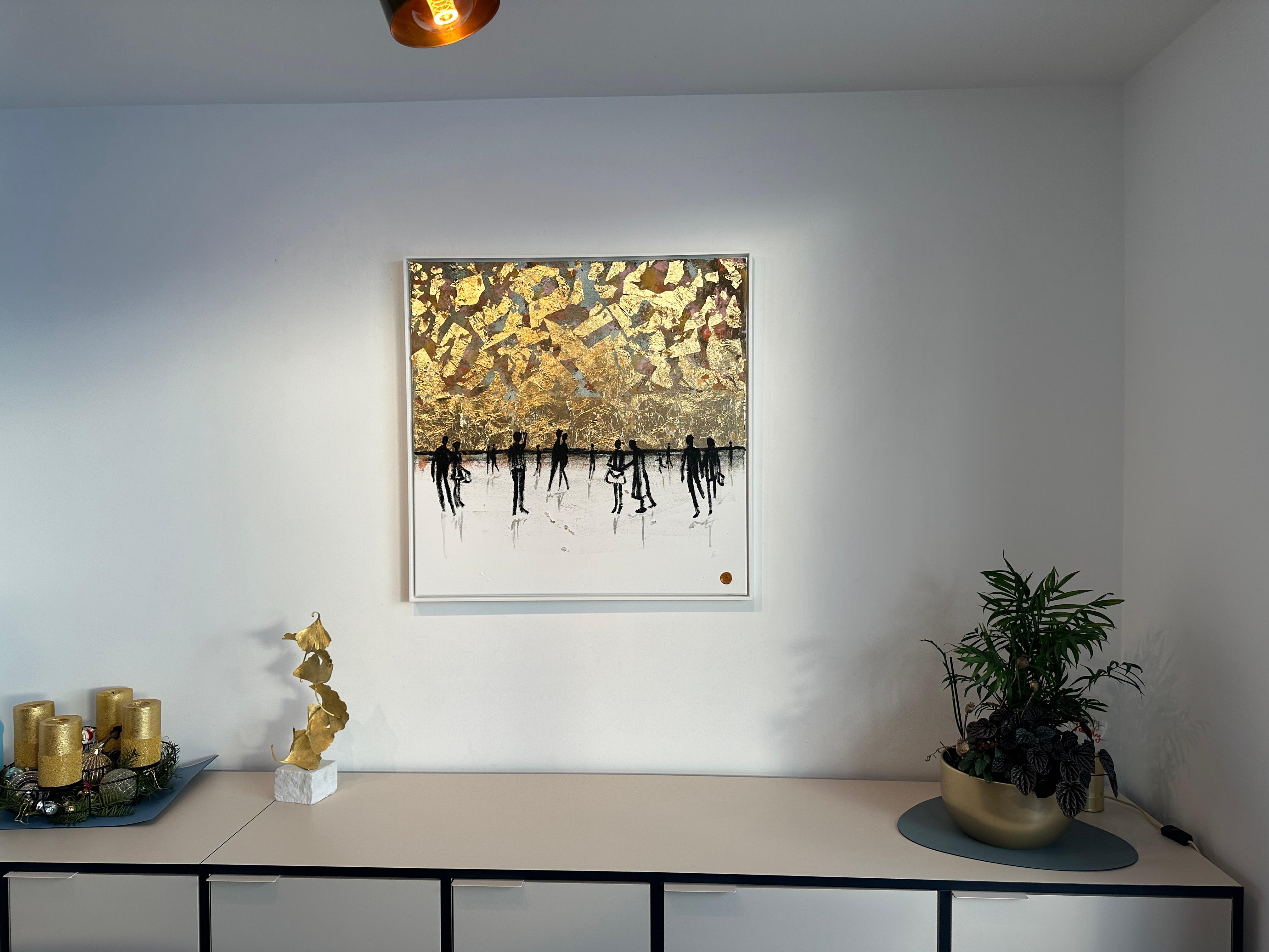 Contigo a mi lado -  Hoja de oro Cuadro familiar abstracto contemporáneo en venta 1