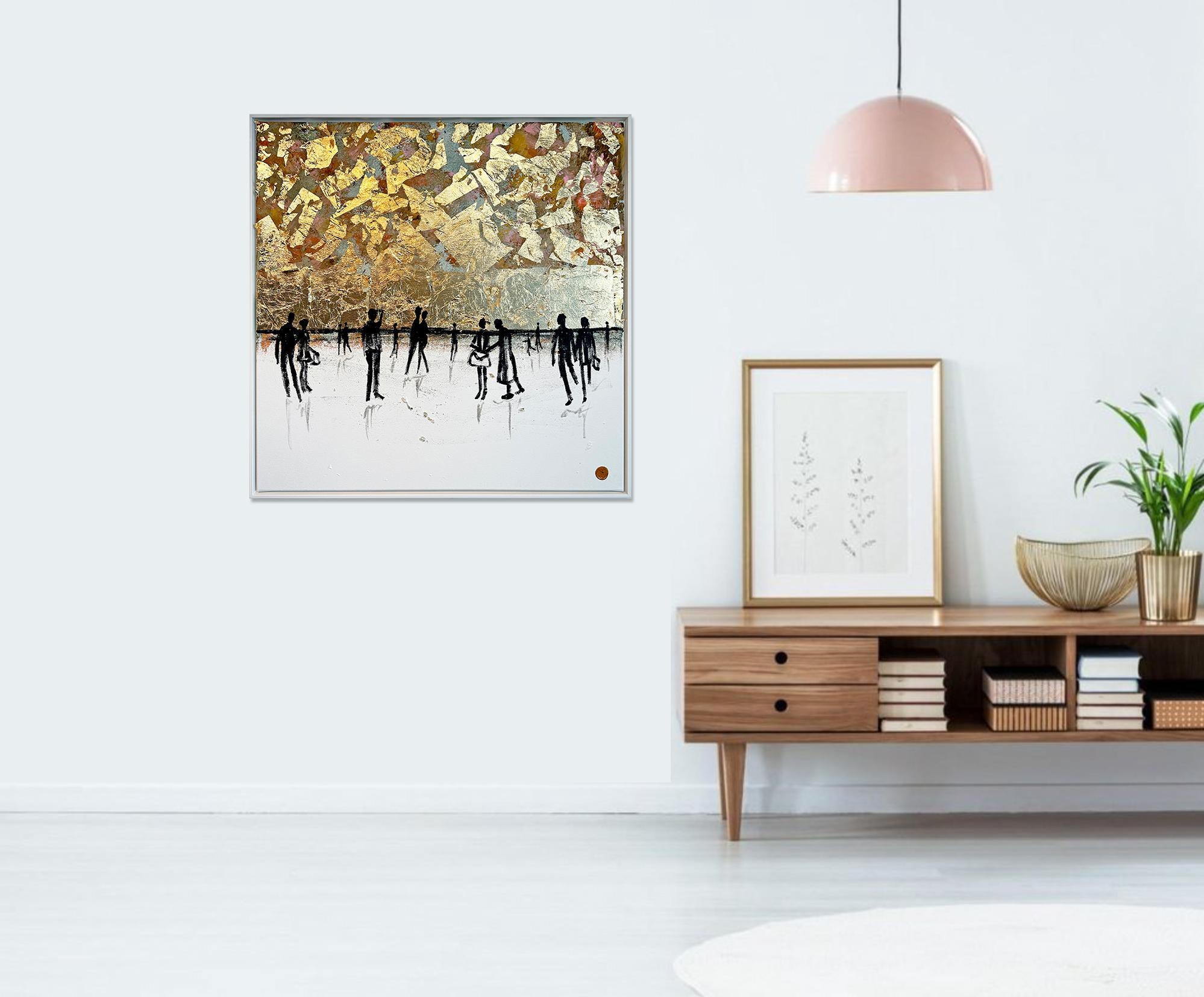 Contigo a mi lado -  Hoja de oro Cuadro familiar abstracto contemporáneo en venta 2
