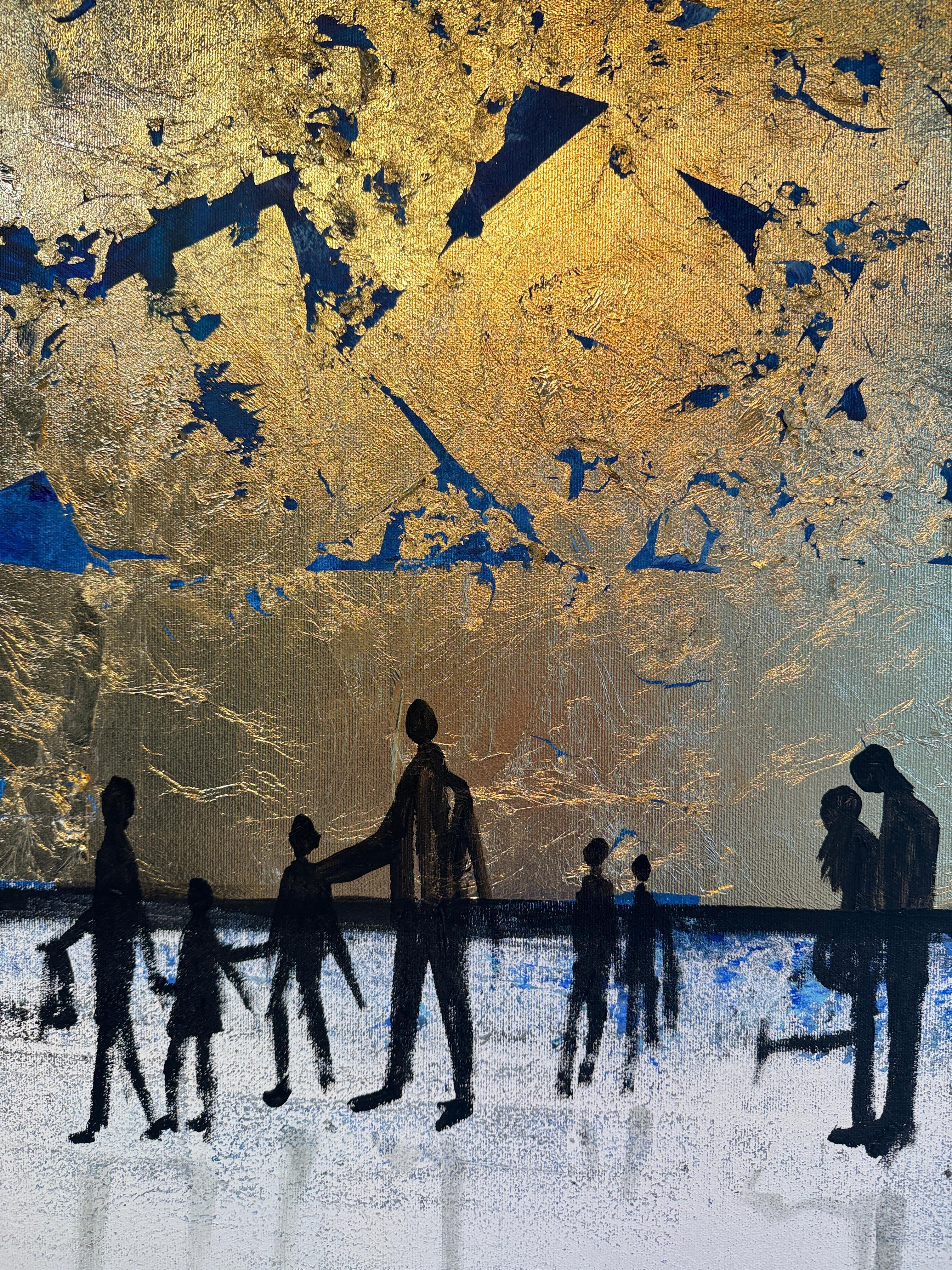 Eres mi familia - Cuadro abstracto contemporáneo en pan de oro en venta 12