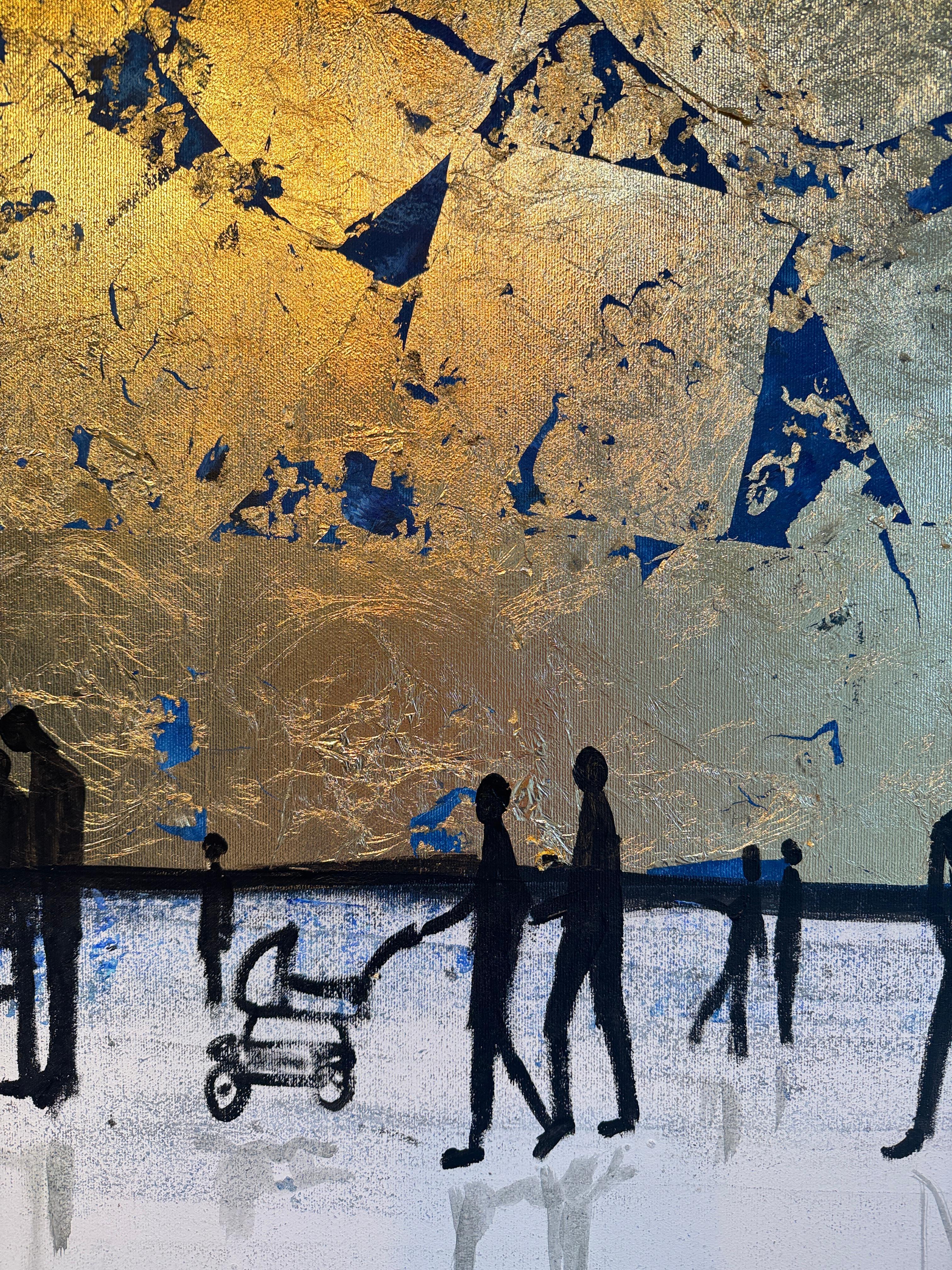 Eres mi familia - Cuadro abstracto contemporáneo en pan de oro en venta 2