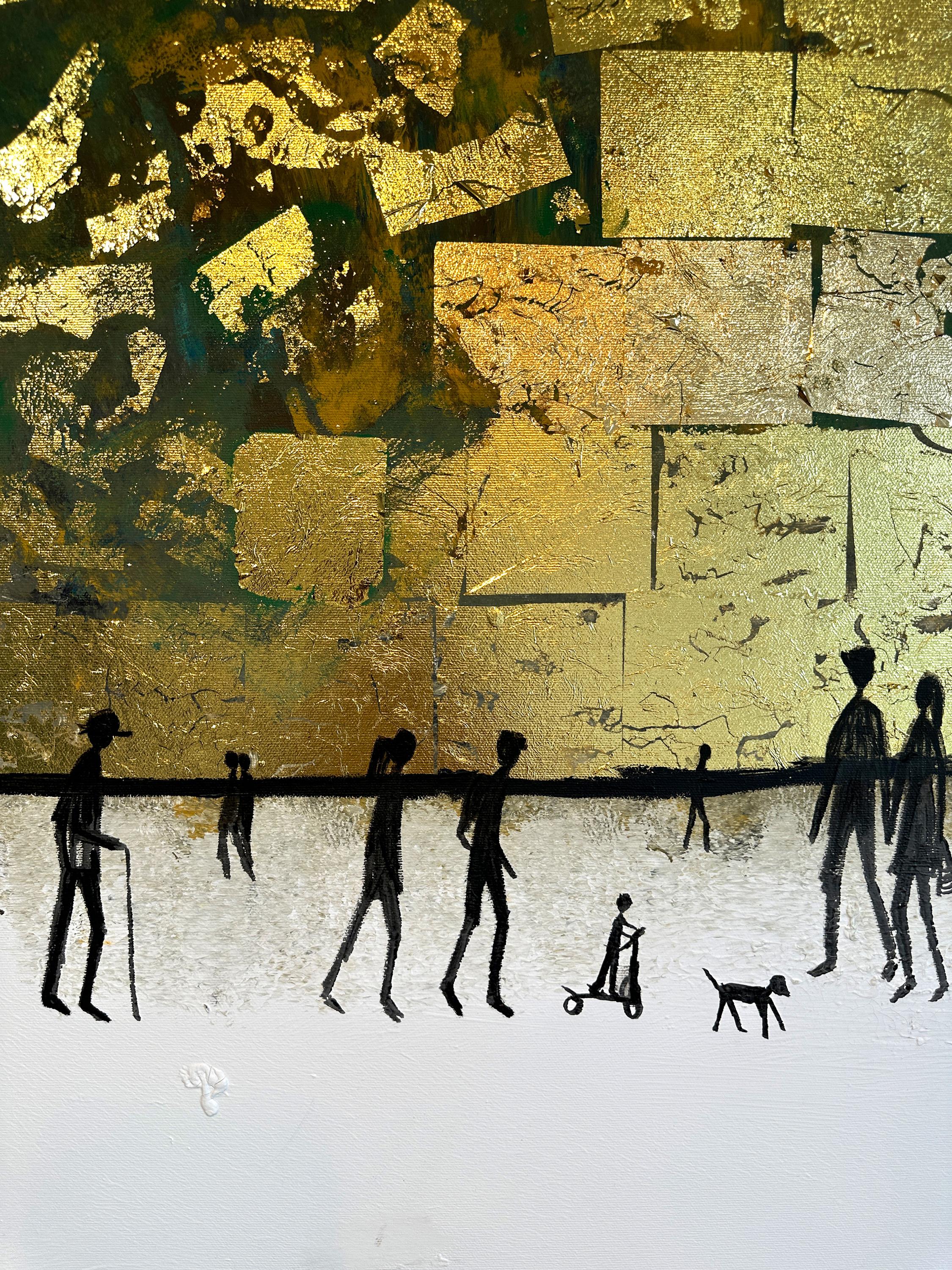 Du bringst mich immer wieder zum Lächeln -  Blattgold Zeitgenössisches abstraktes Familiengemälde (Gold), Abstract Painting, von Katharina Hormel