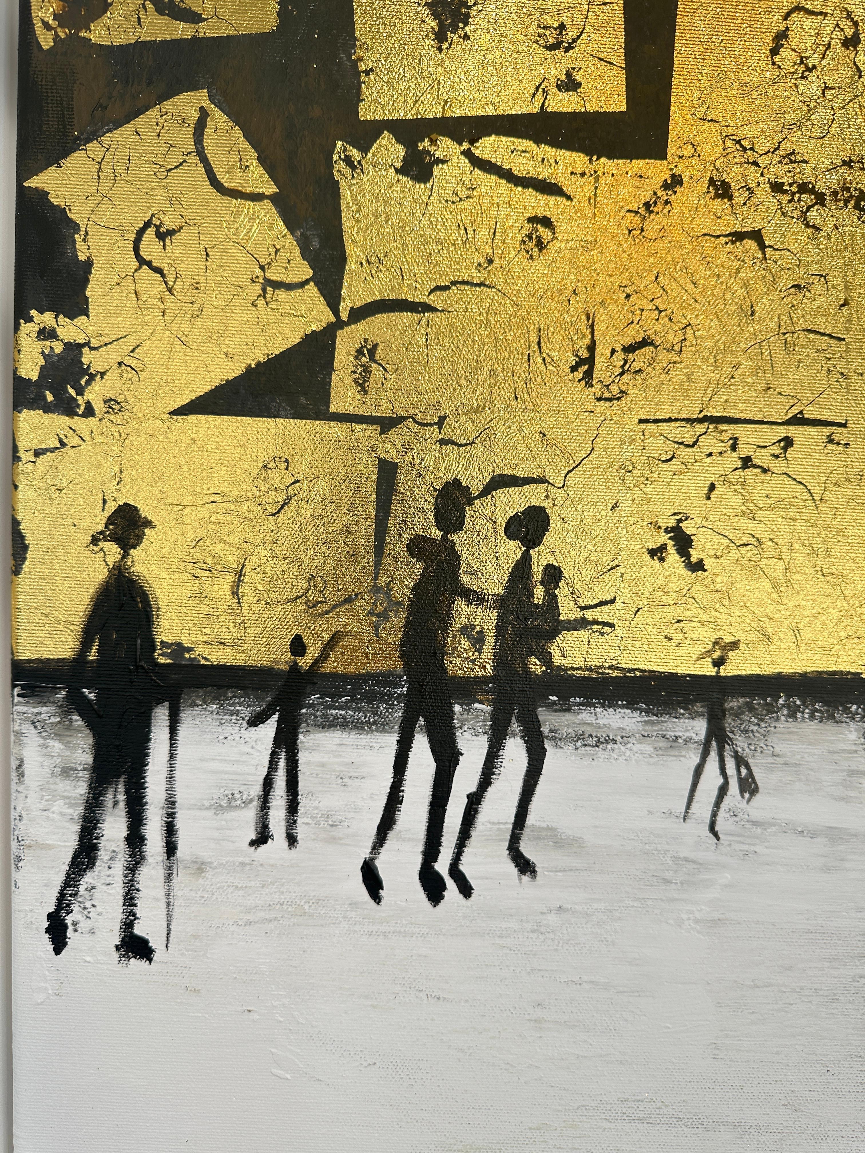 Me haces completo Cuadro familiar abstracto contemporáneo en pan de oro en venta 9