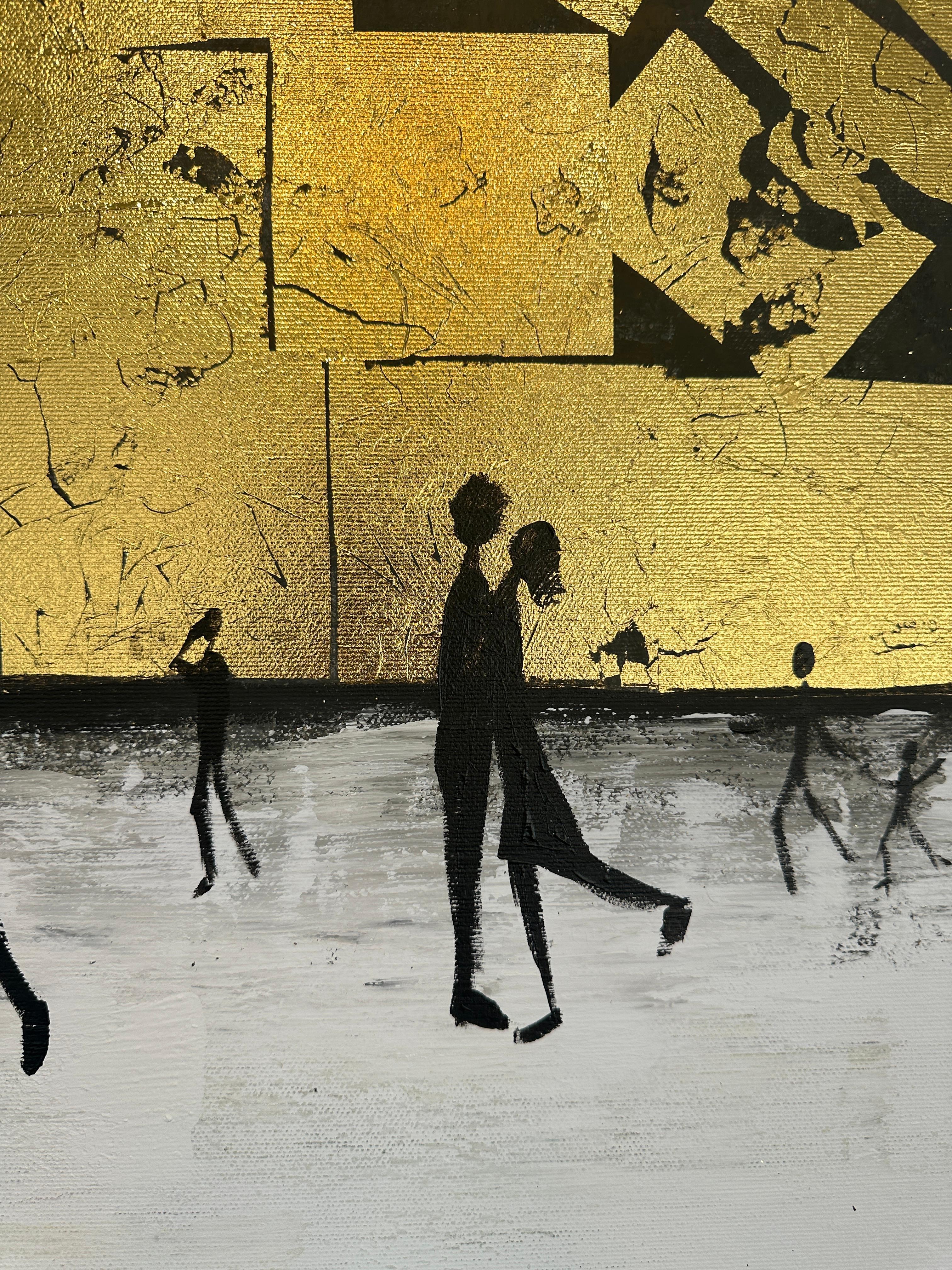 Me haces completo Cuadro familiar abstracto contemporáneo en pan de oro en venta 10