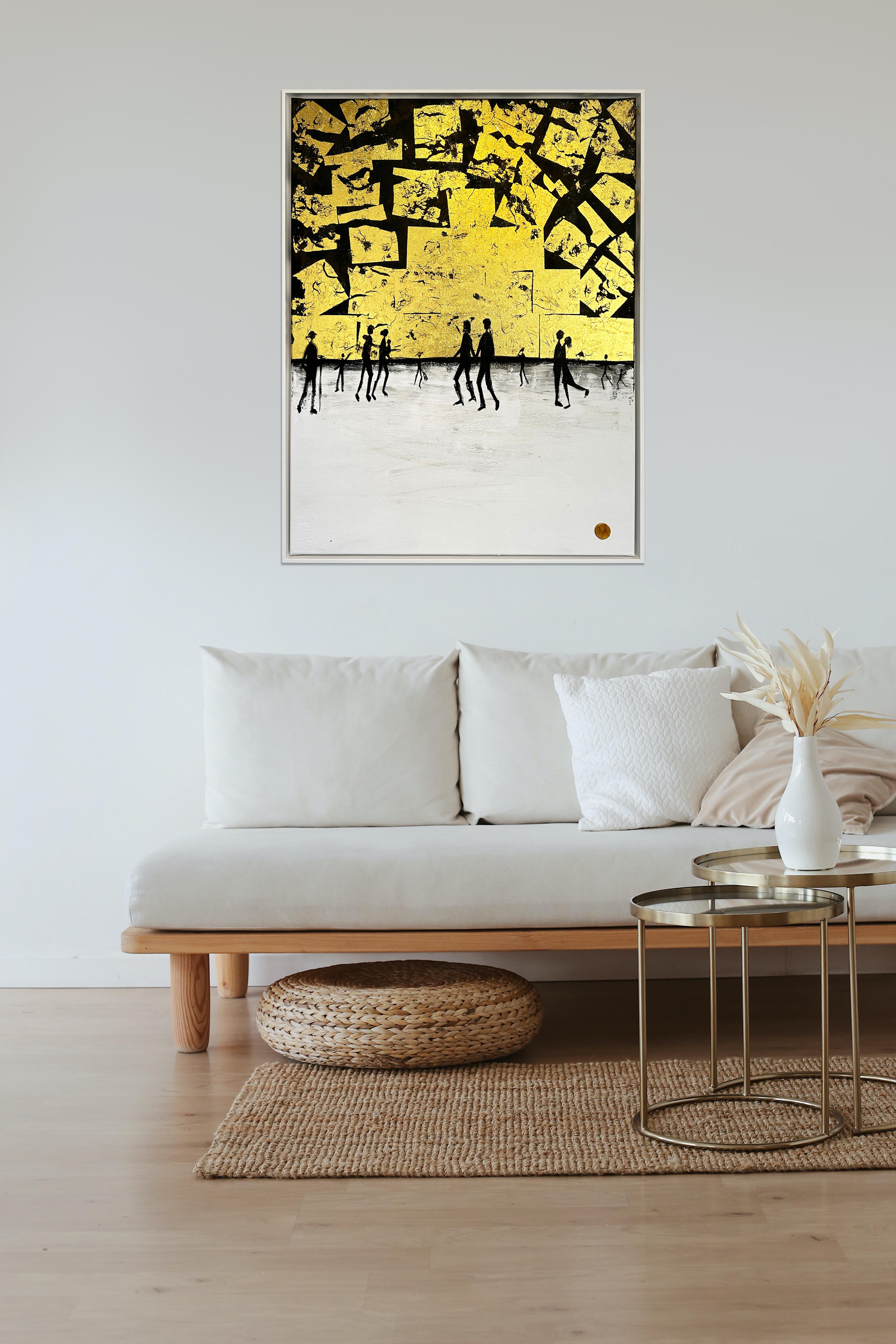 Me haces completo Cuadro familiar abstracto contemporáneo en pan de oro en venta 12